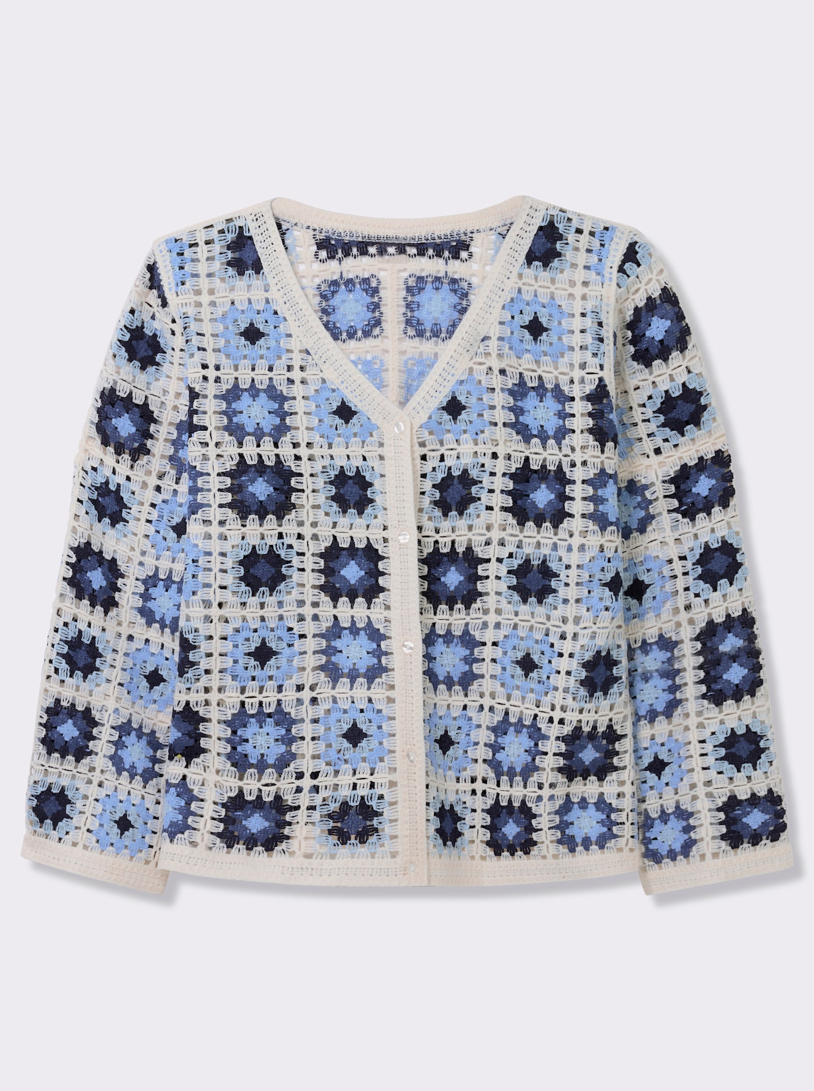 Strickjacke in Häkel-Optik - ecru-jeansblau