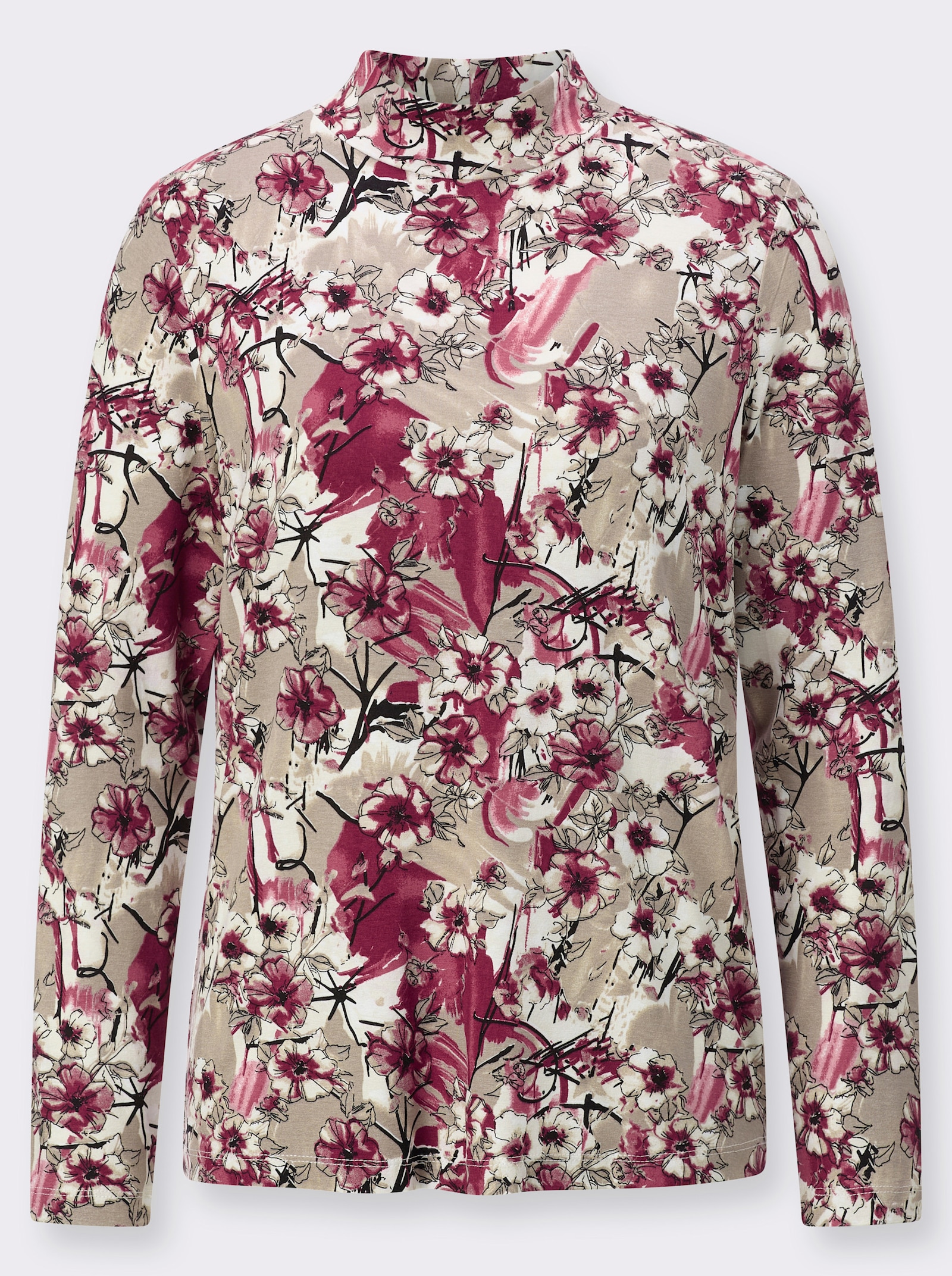 Stehkragenshirt in ECOVERO-Qualität von Lenzing - bordeaux-taupe-bedruckt