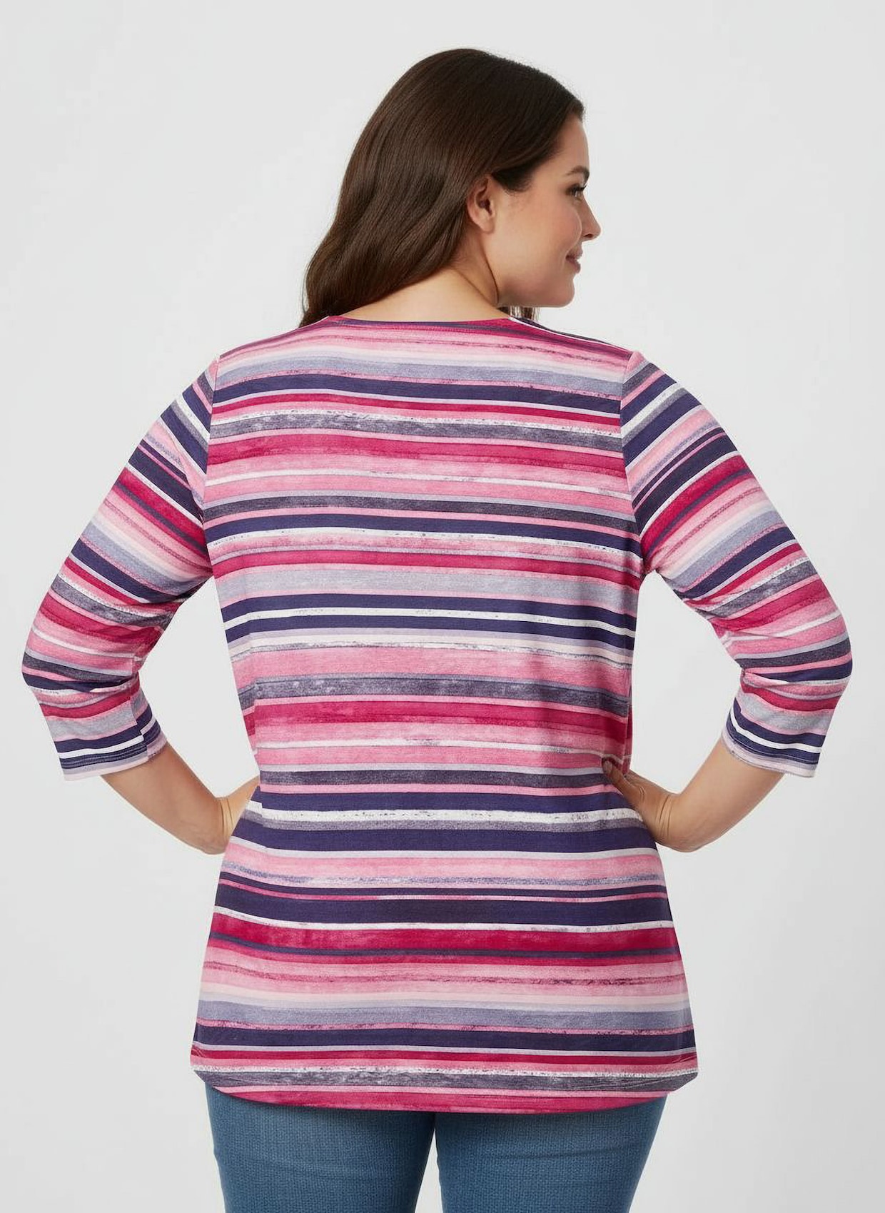 Rundhalsshirt mit 3/4-Ärmeln - altrosa-jeansblau-geringelt