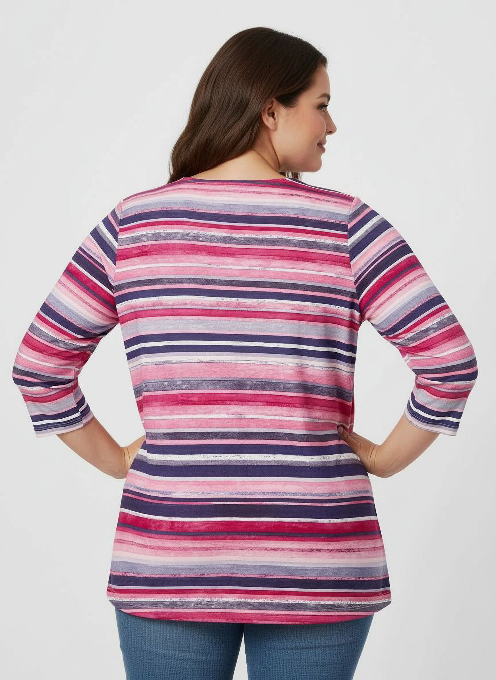 Rundhalsshirt mit 3/4-Ärmeln - altrosa-jeansblau-geringelt