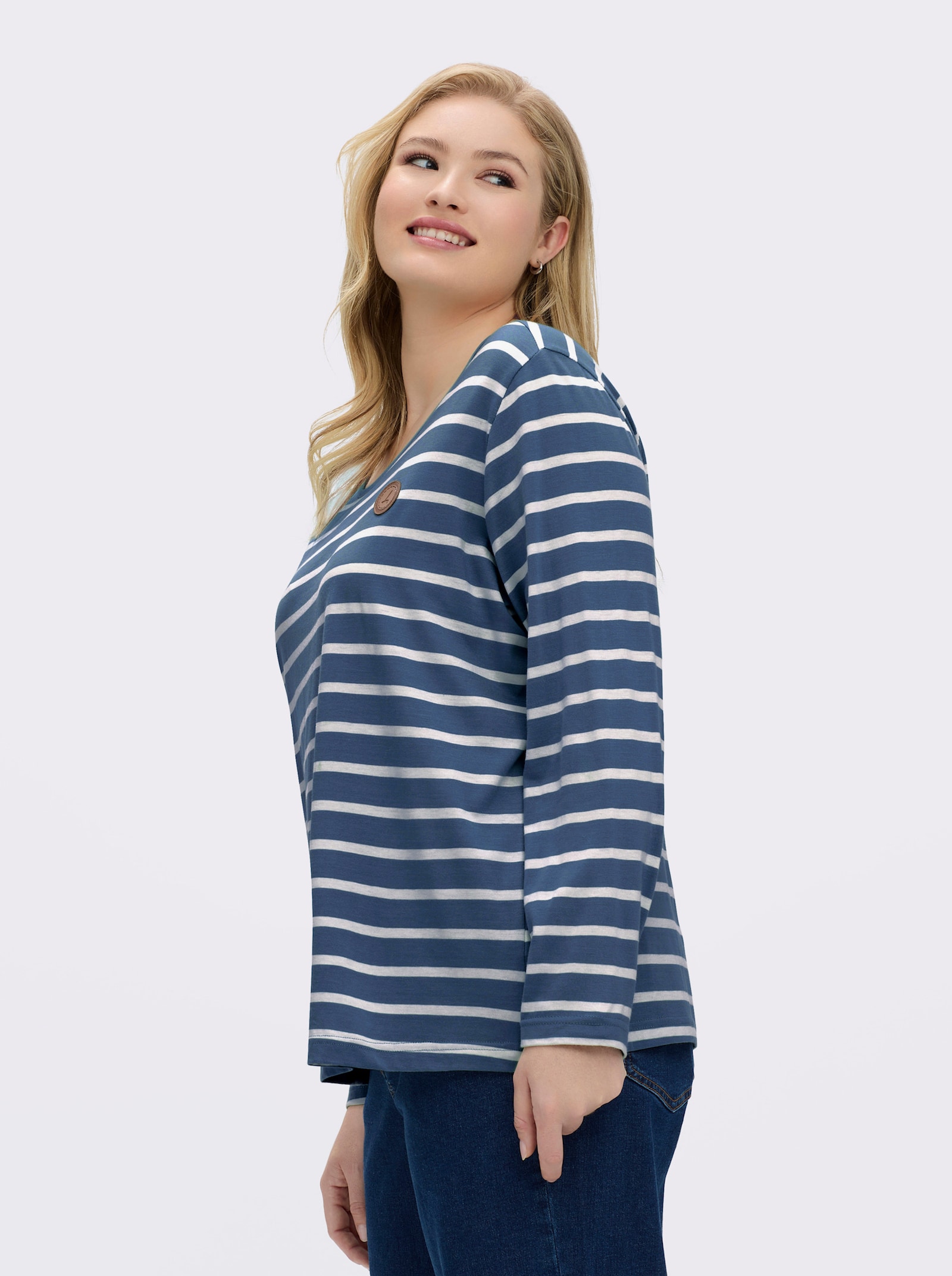 Ringelshirt mit Lederimitat-Patches - jeansblau-ecru-gestreift