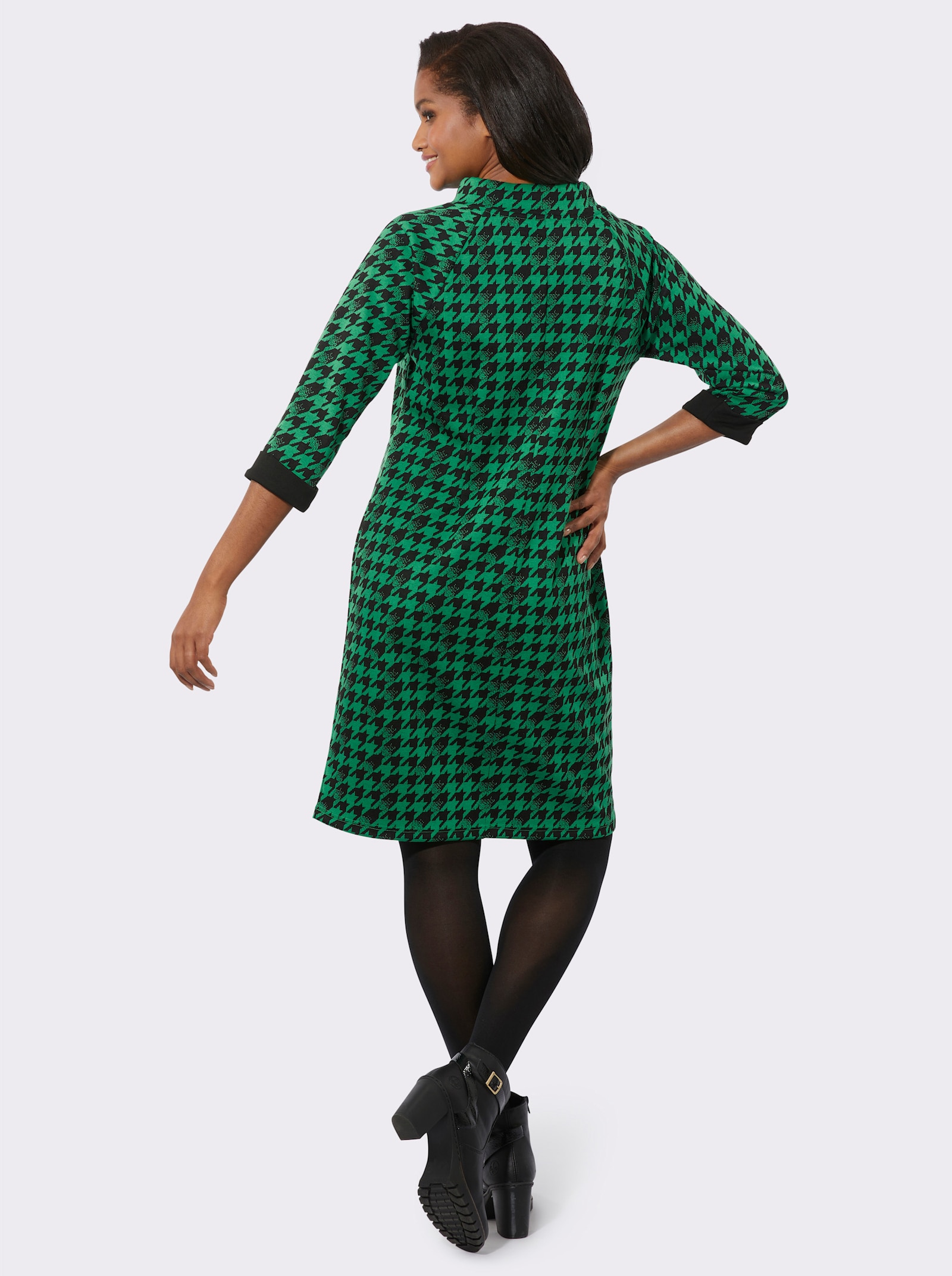 Jerseykleid mit Kontrast-Akzenten - grasgrün-schwarz-gemustert