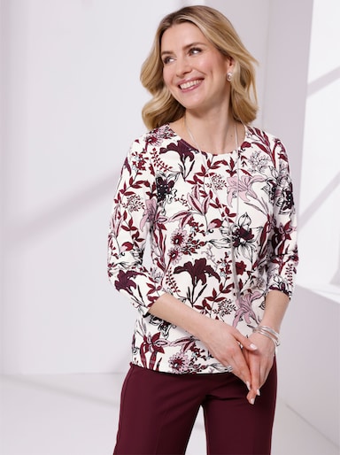 Rundhalsshirt mit floralem Muster - ecru-burgund-bedruckt