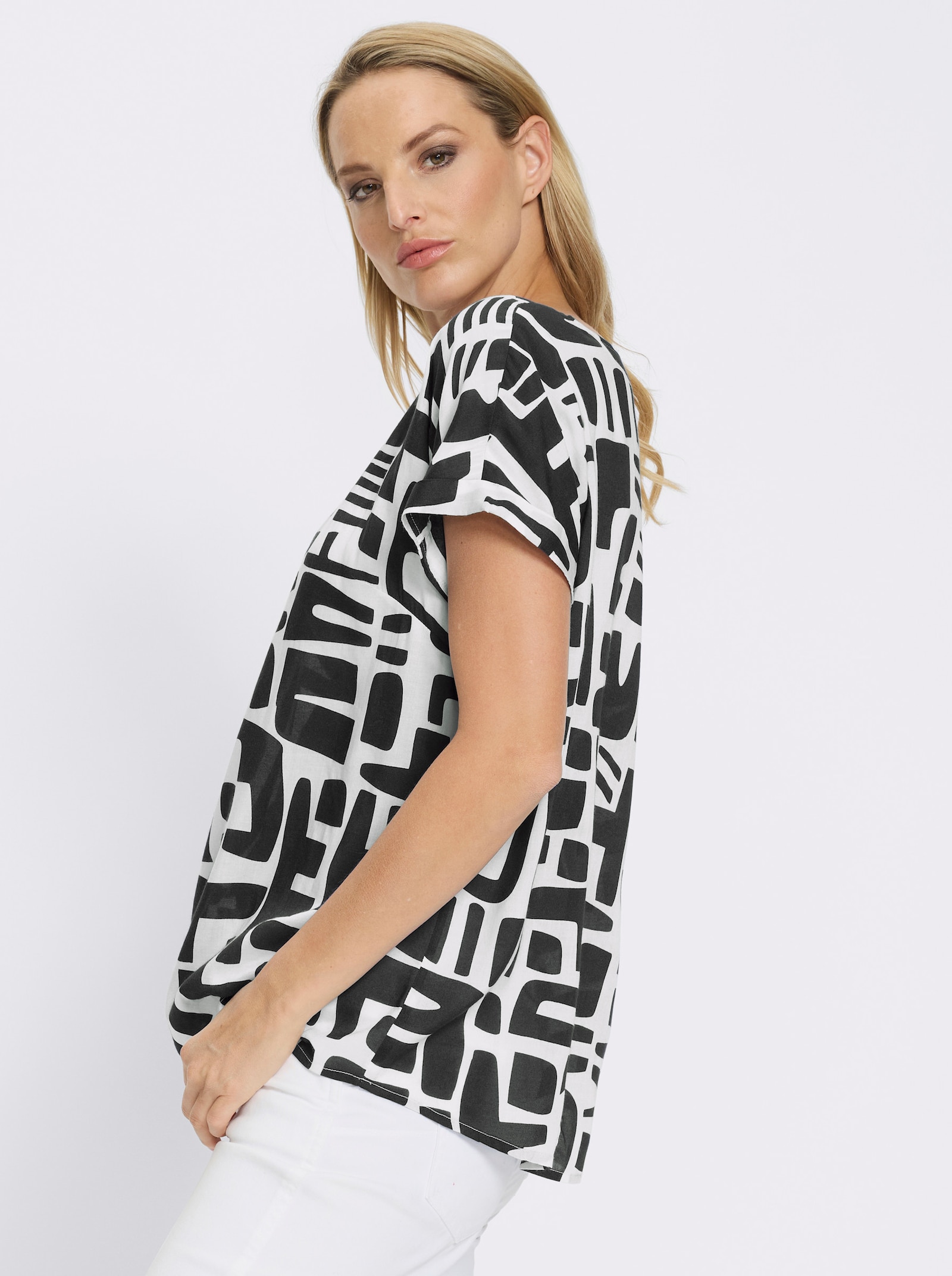 heine Kurzarmbluse mit - schwarz-ecru-bedruckt