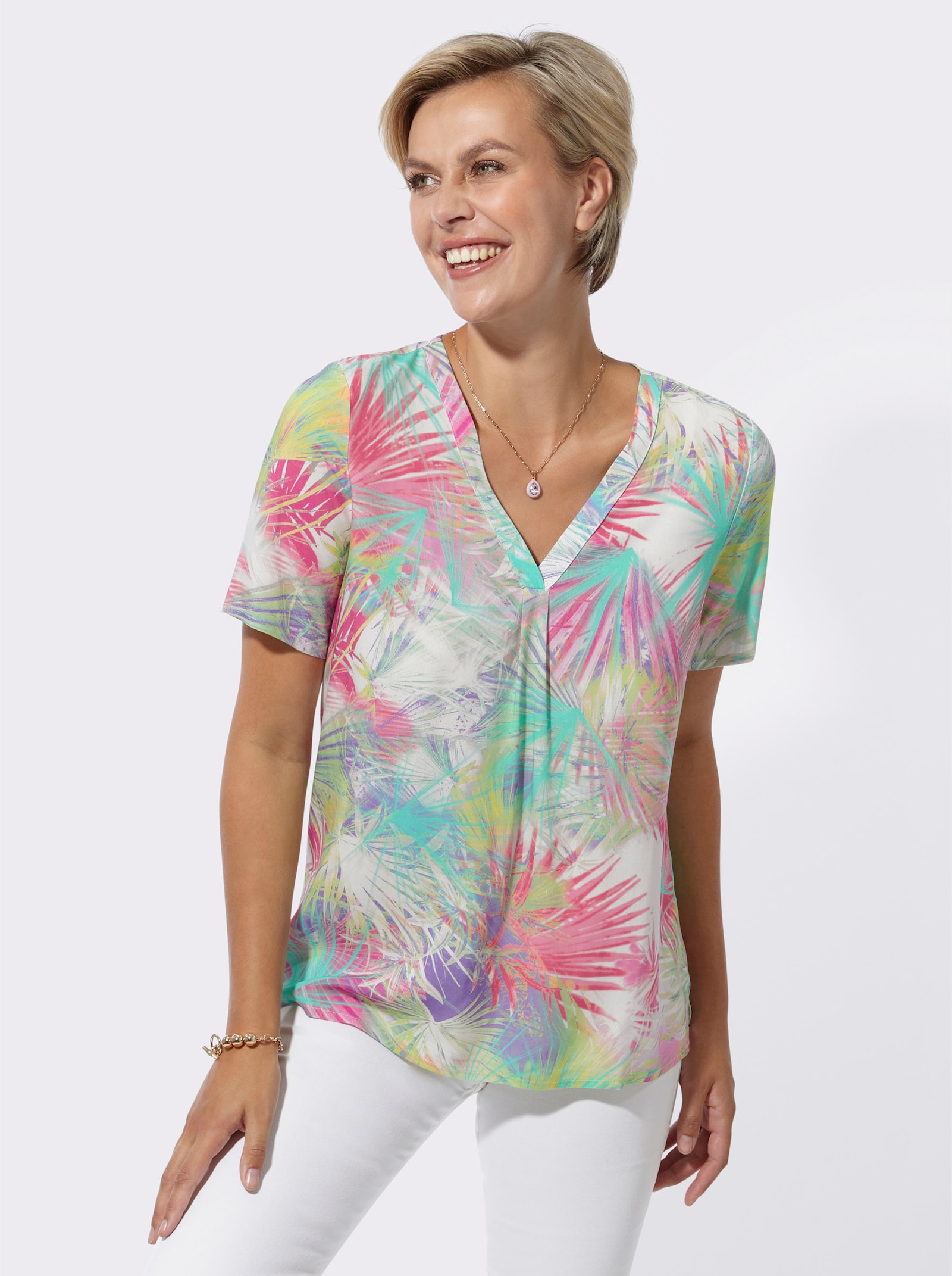 Schlupfbluse mit Kellerfalte - ozean-fuchsia-bedruckt