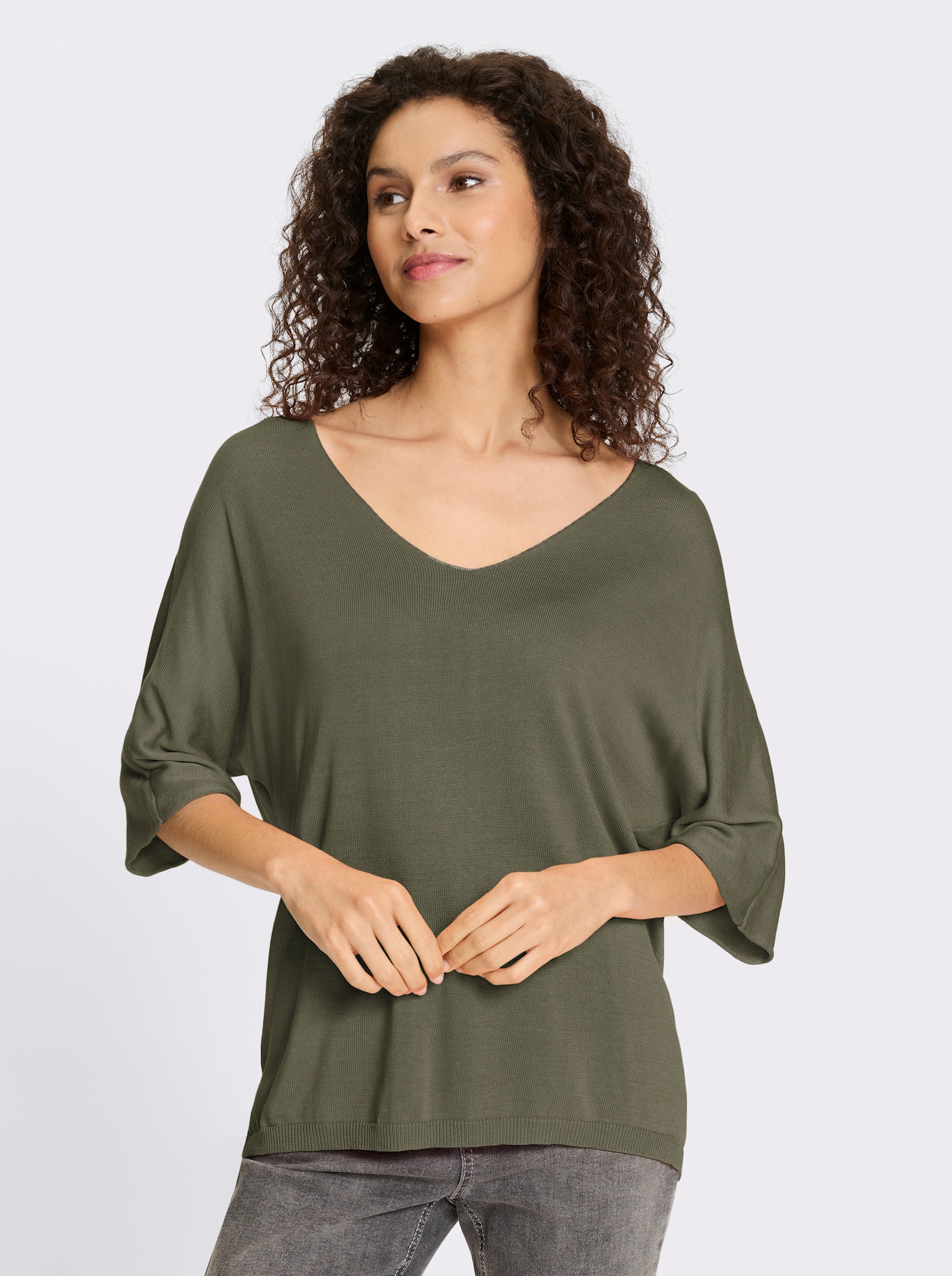 heine Feinstrickpullover mit grossem V-Ausschnitt - khaki