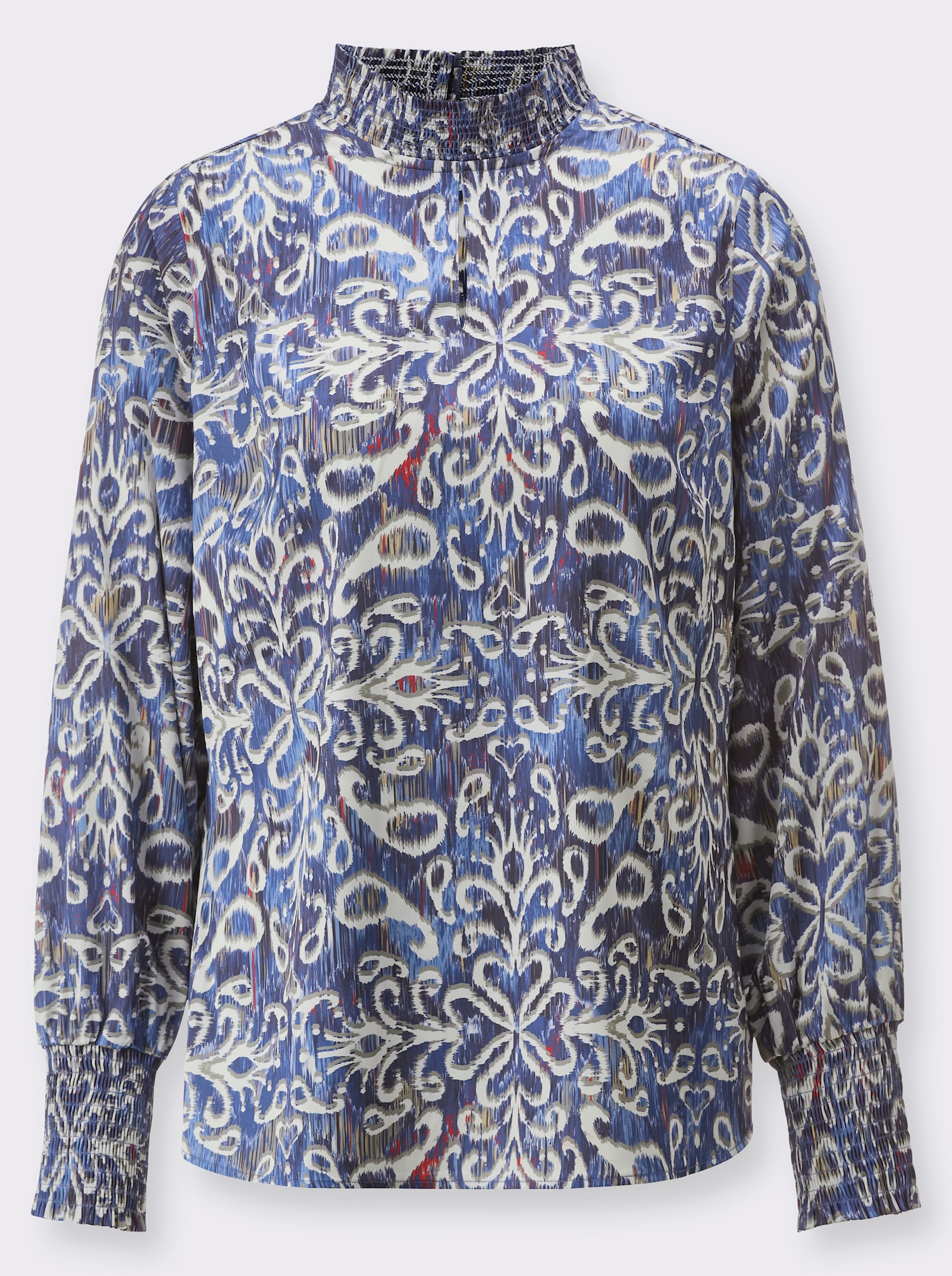 Satinbluse mit gesmoktem Stehkragen - ecru-marine-bedruckt