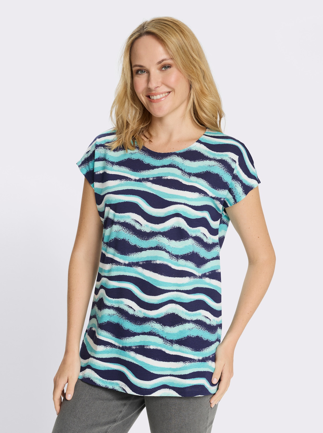 Longshirt mit Seitenschlitzen - ozean-marine-bedruckt