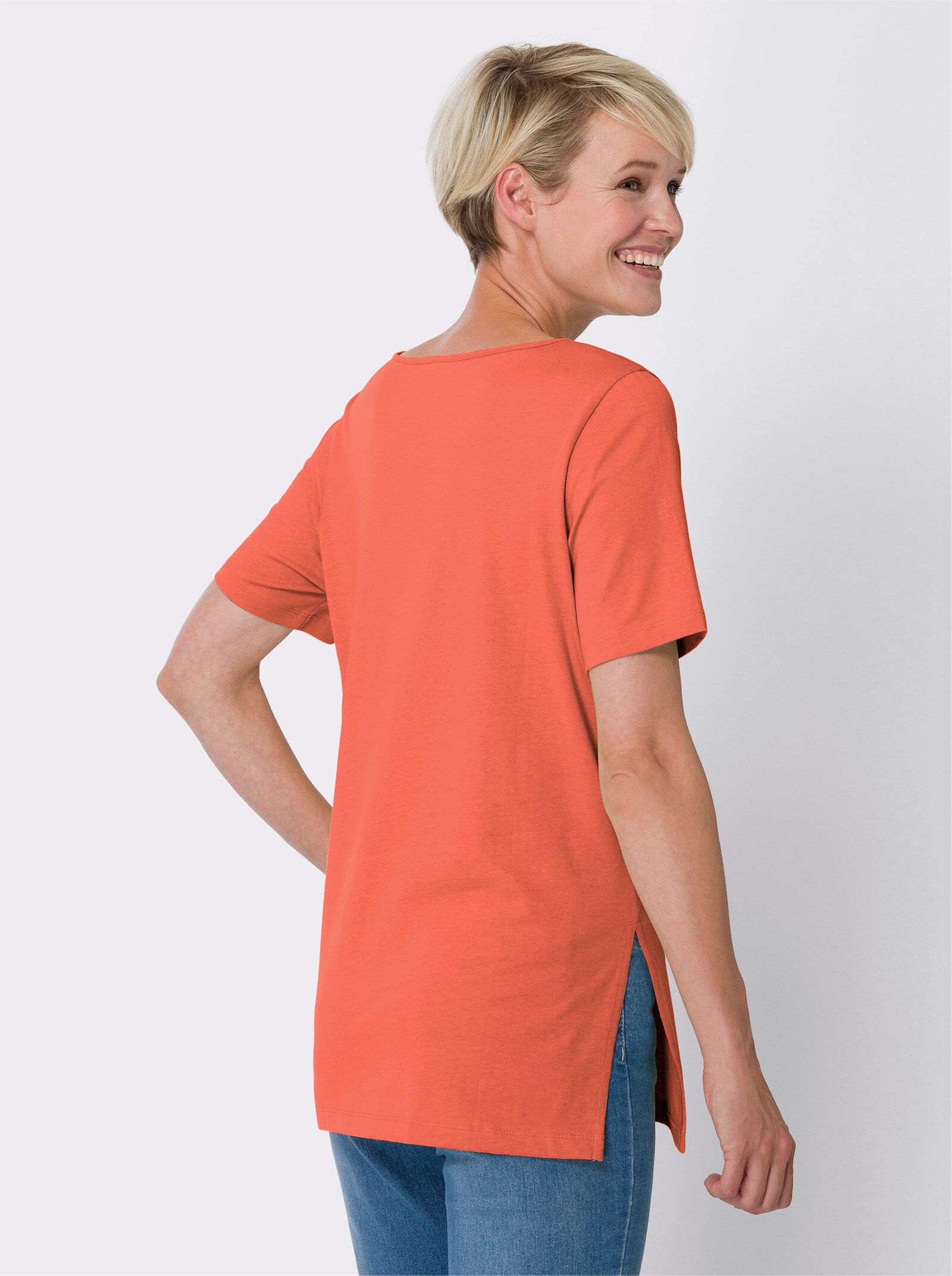 Longshirt mit hohen Seitenschlitzen - koralle