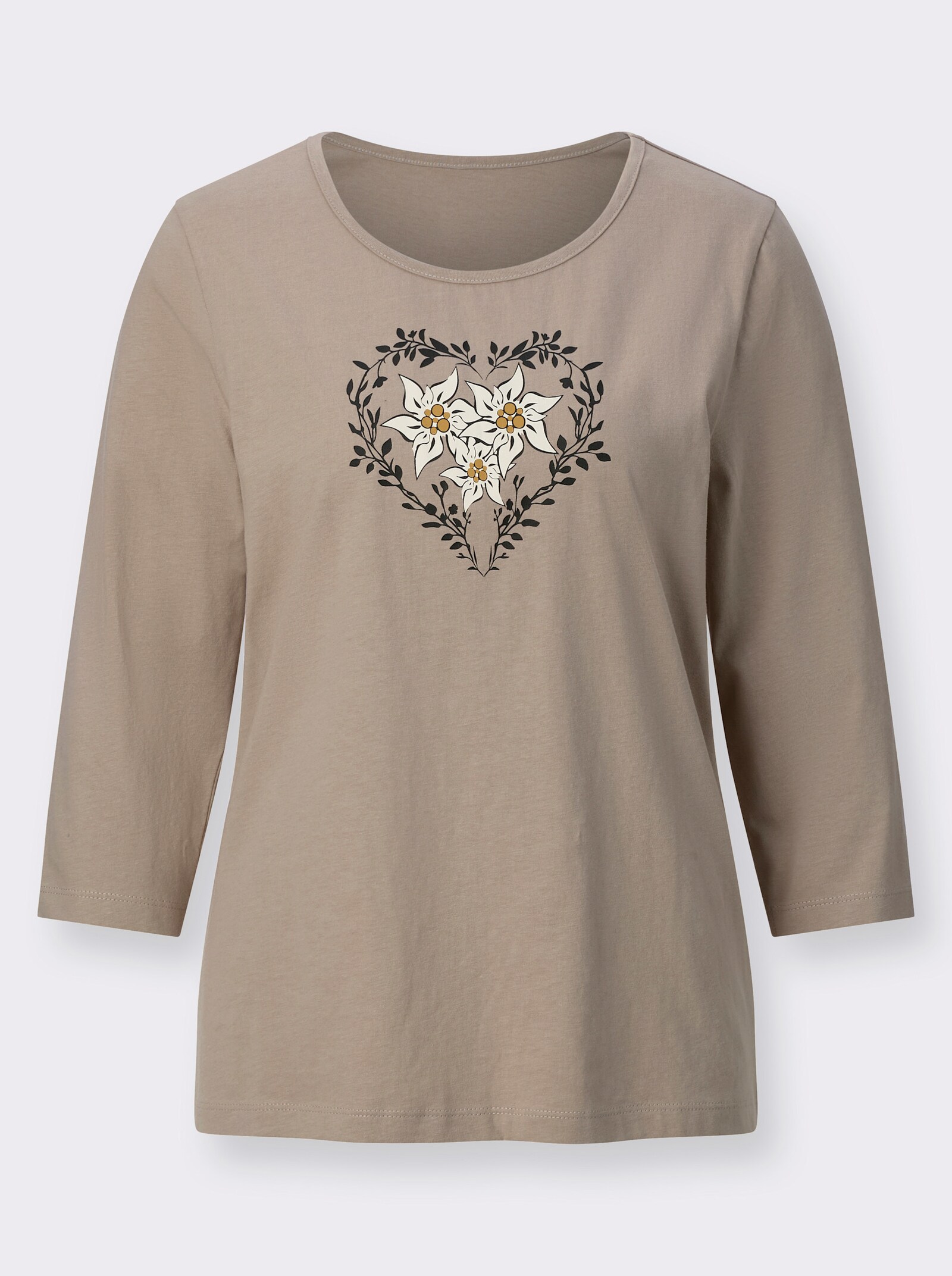 Shirt met 3/4-mouwen en hartmotief - sesam/champagne