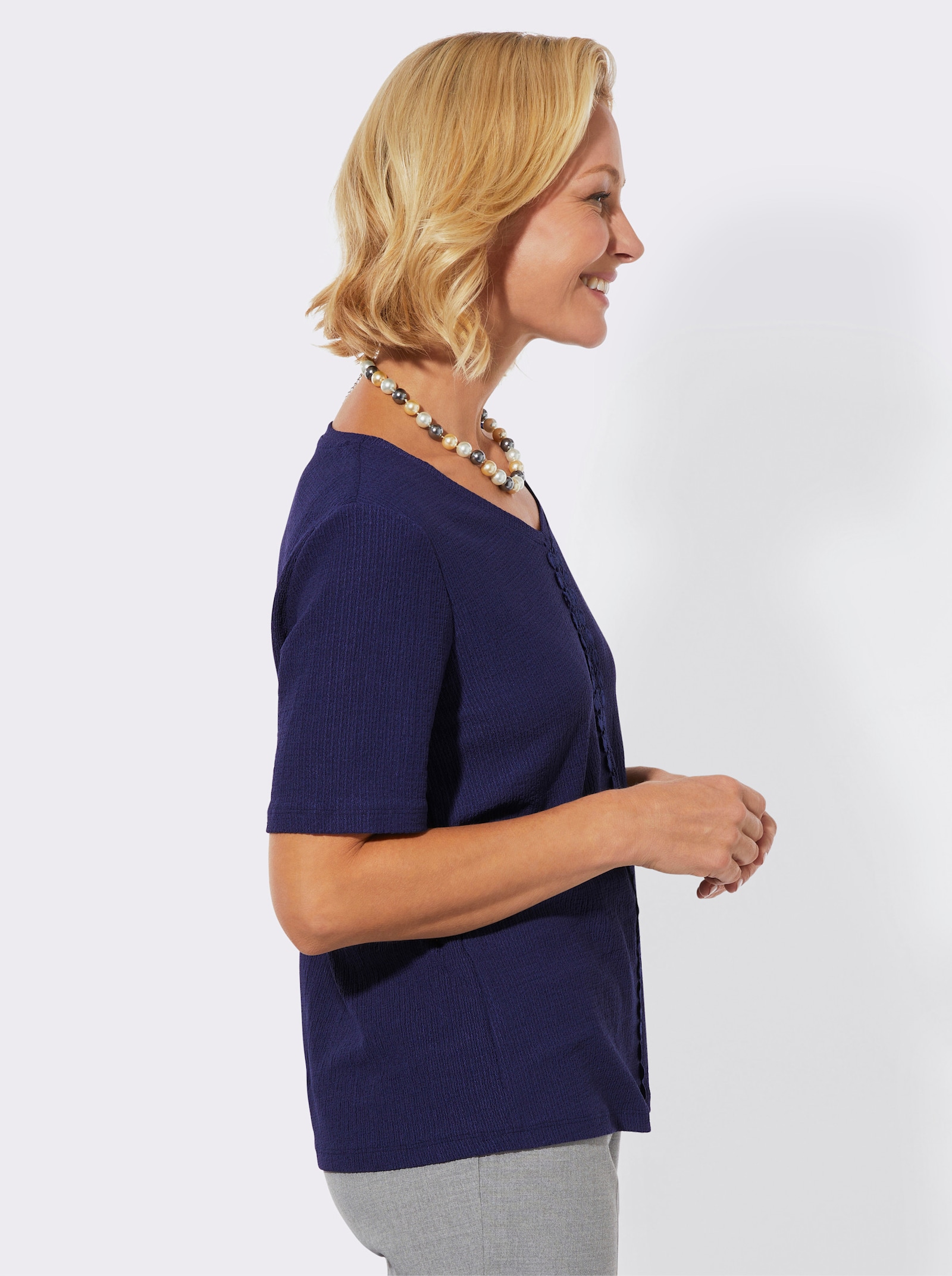 Kurzarmshirt mit Spitzenbesatz - marine