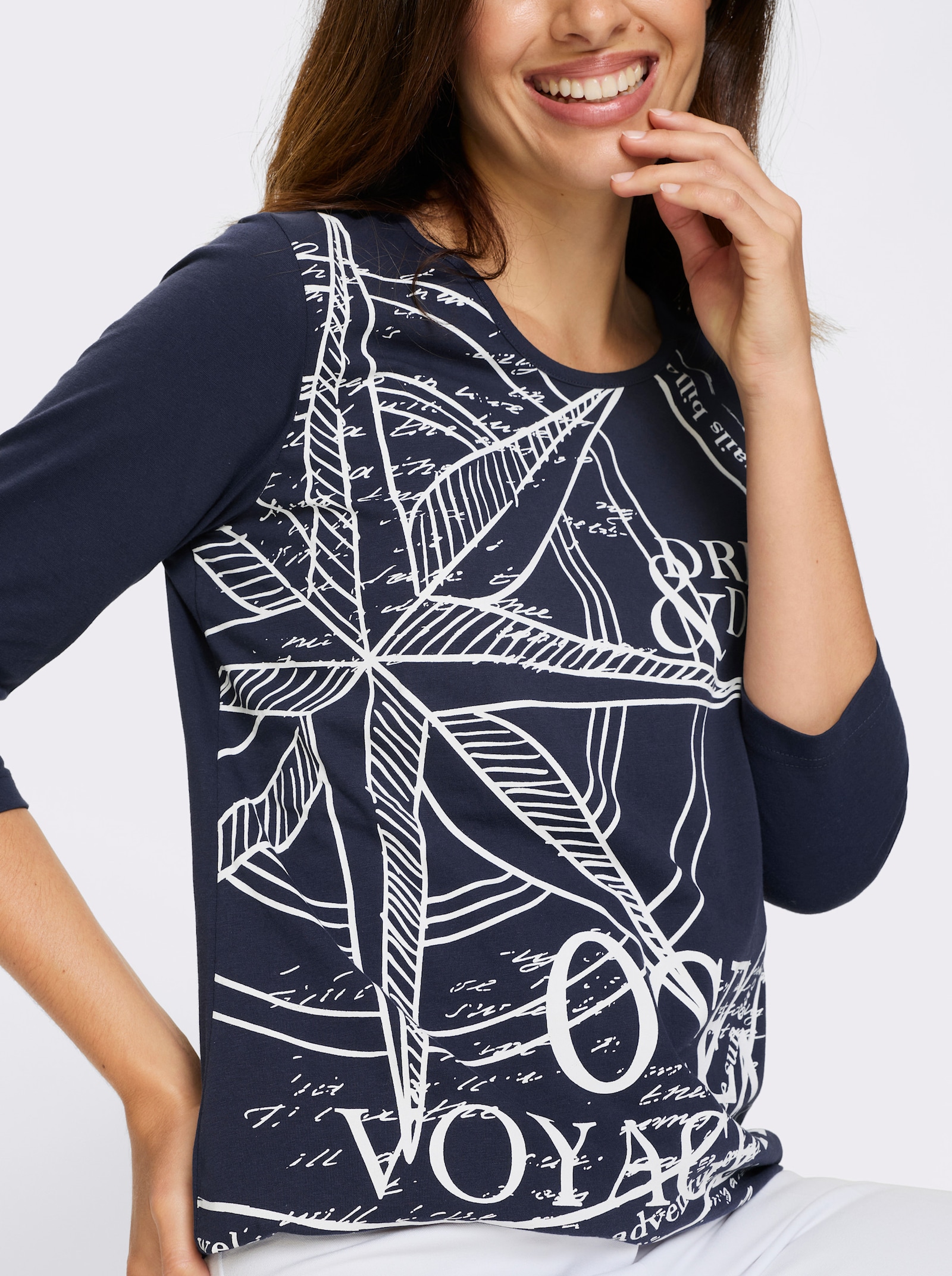 Shirt met 3/4-mouwen en op dessin geplaatste print voor - marine/wit