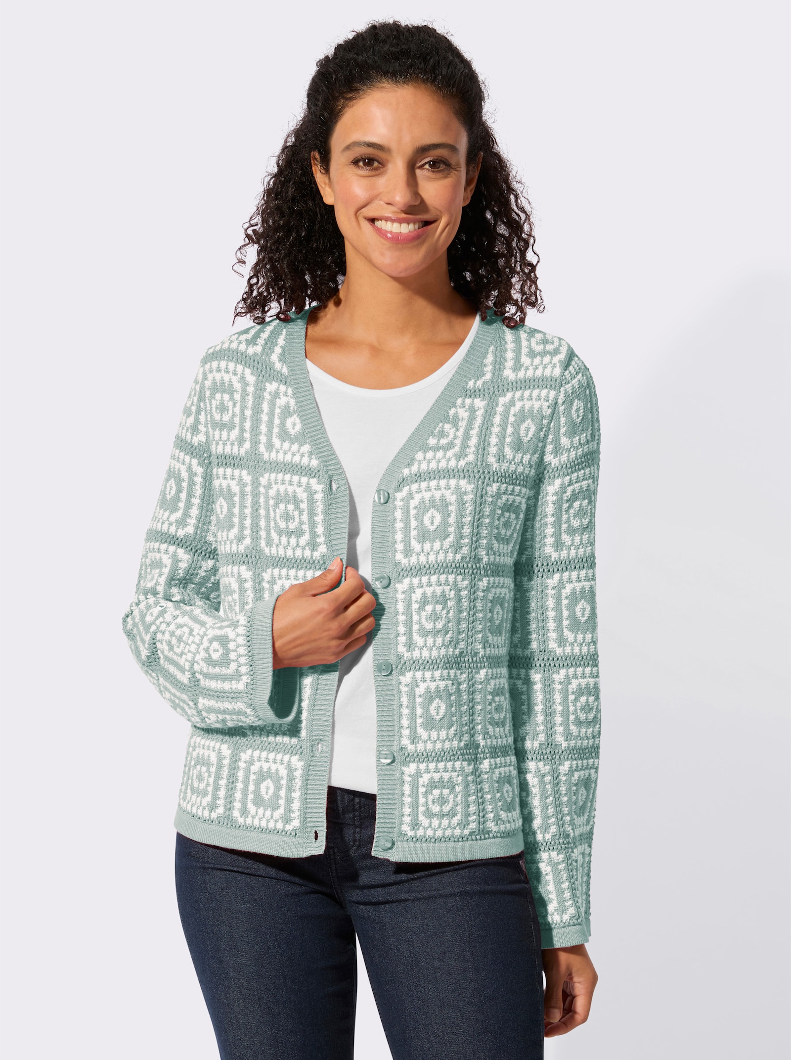 Strickjacke in Häkel-Optik - kalkmint-weiß