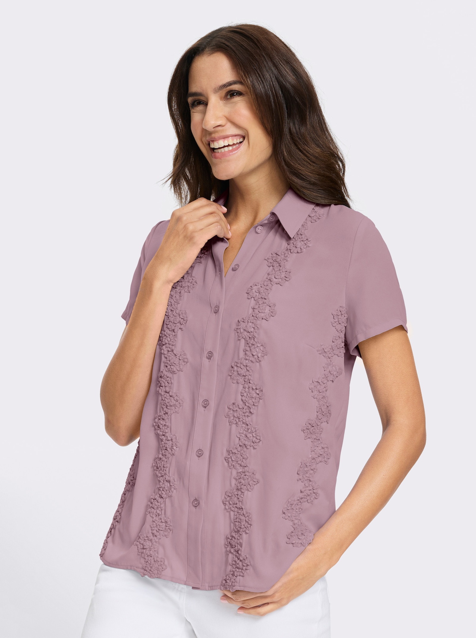 Kurzarm-Bluse mit Blüten-Stickerei - mauve