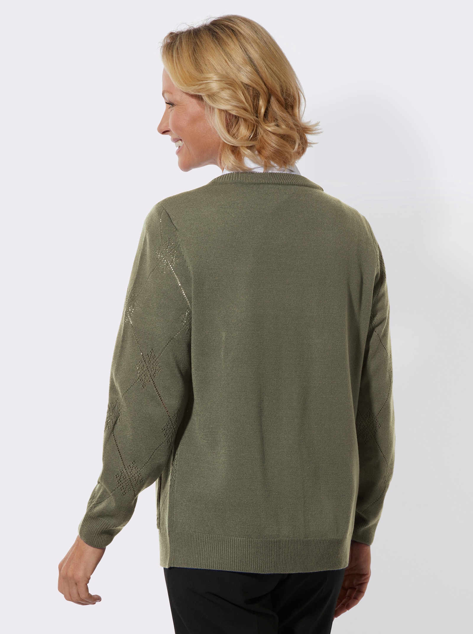 Ajourstrickjacke mit Rautenmuster - khaki