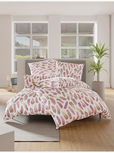 wäschepur Bettwäsche aus reiner Baumwolle - weiß-violett-bedruckt