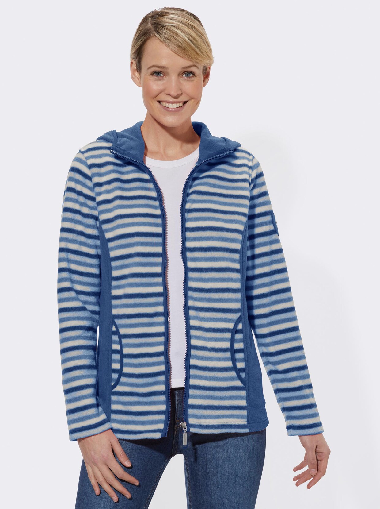 Fleecejacke - blau-ecru-gestreift