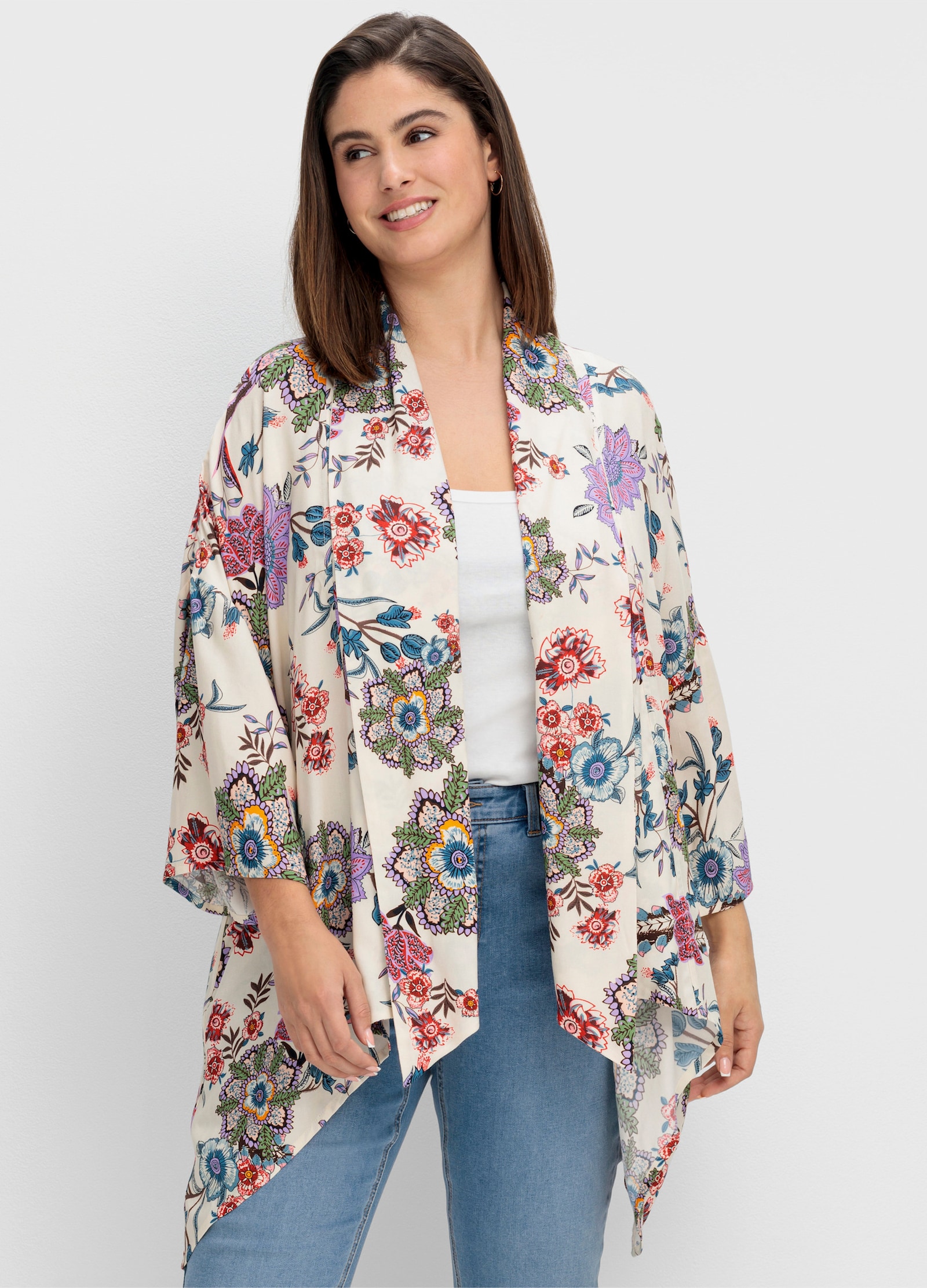 sheego by Joe Browns Longbluse im Kimono-Stil, mit Blumendruck - offwhite-gemustert