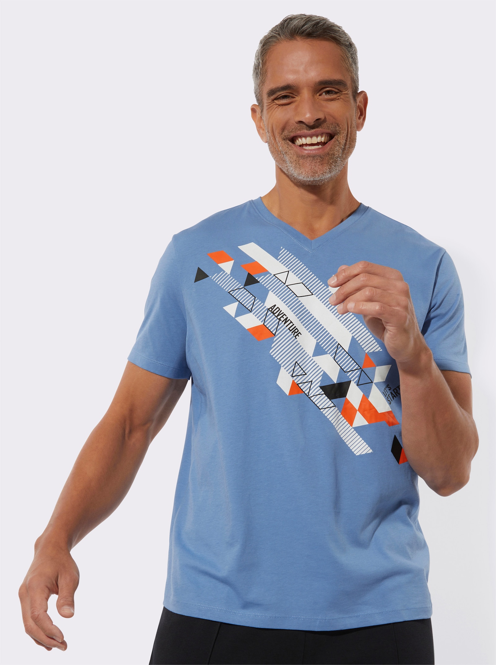 Tričko s krátkymi rukávmi a umiestnenou potlačou - jemná modrá