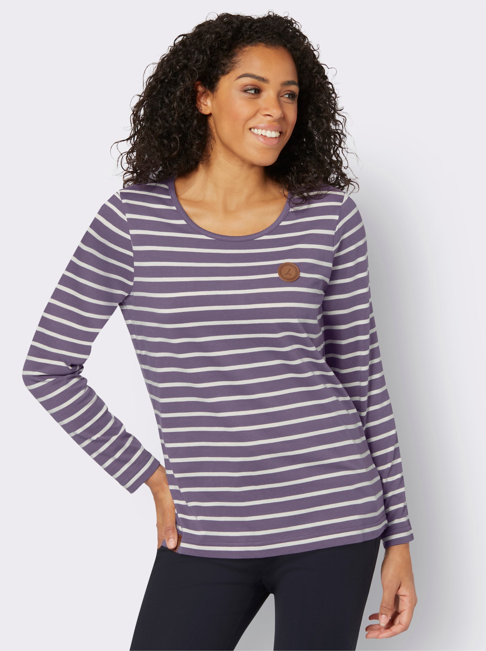 Proužkované tričko se záplatami z imitace kůže - fíková-ecru-proužek