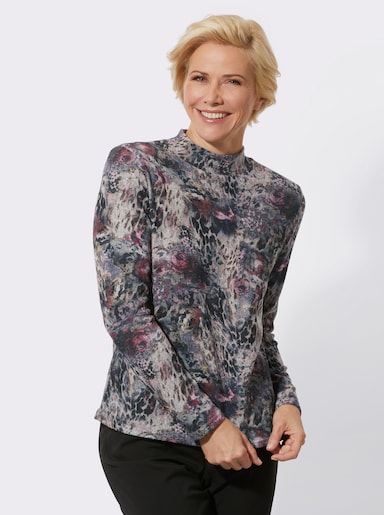 Stehkragenshirt im floralen Animal-Dessin - steingrau-burgund-bedruckt