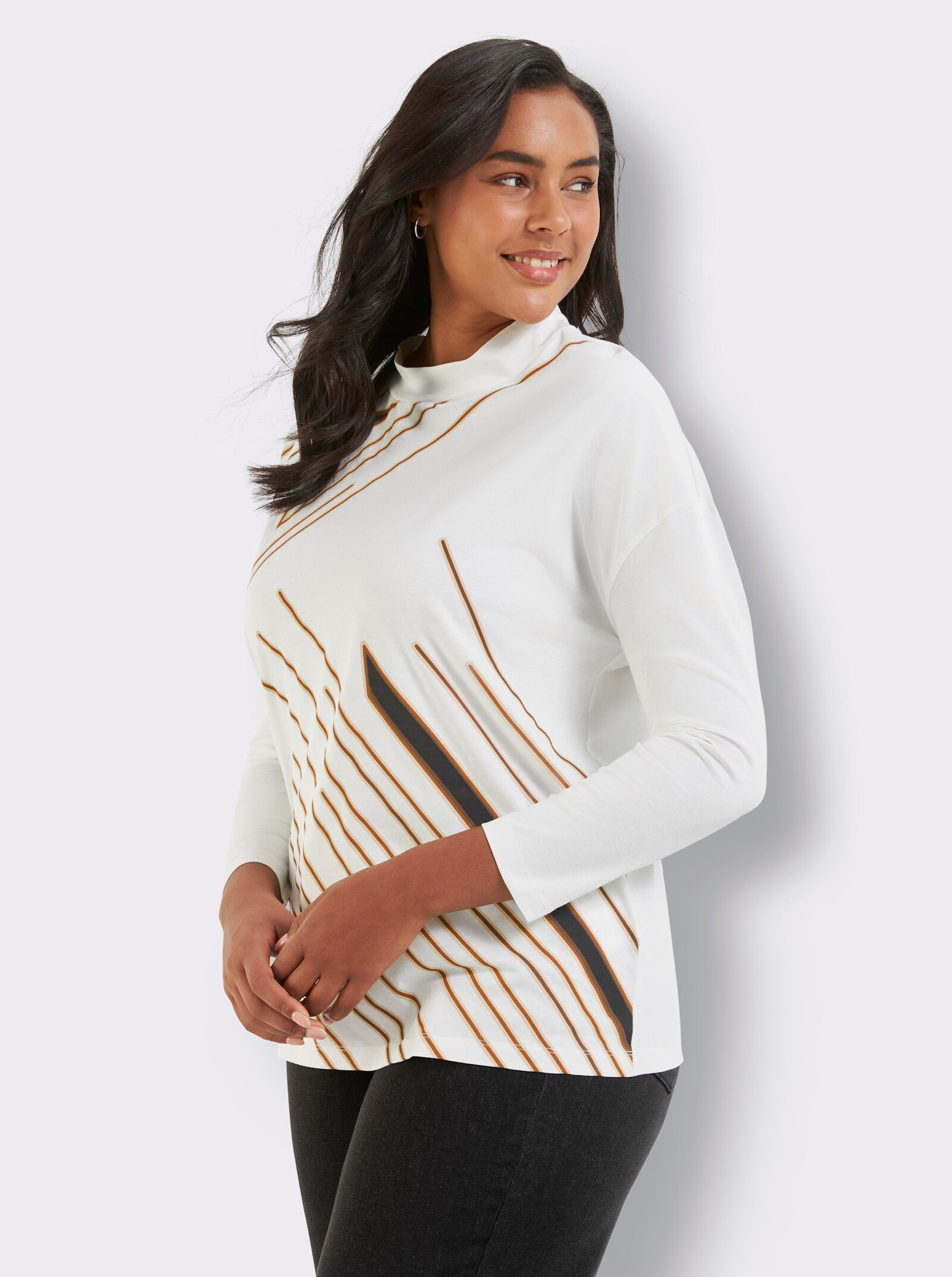 Stehkragenshirt aus reiner Baumwolle - ecru-schoko-bedruckt