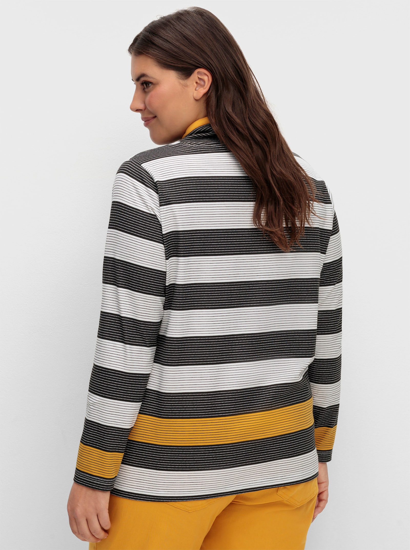 Stehkragenshirt mit weitenregulierbarem Kragen - ocker-schwarz-geringelt