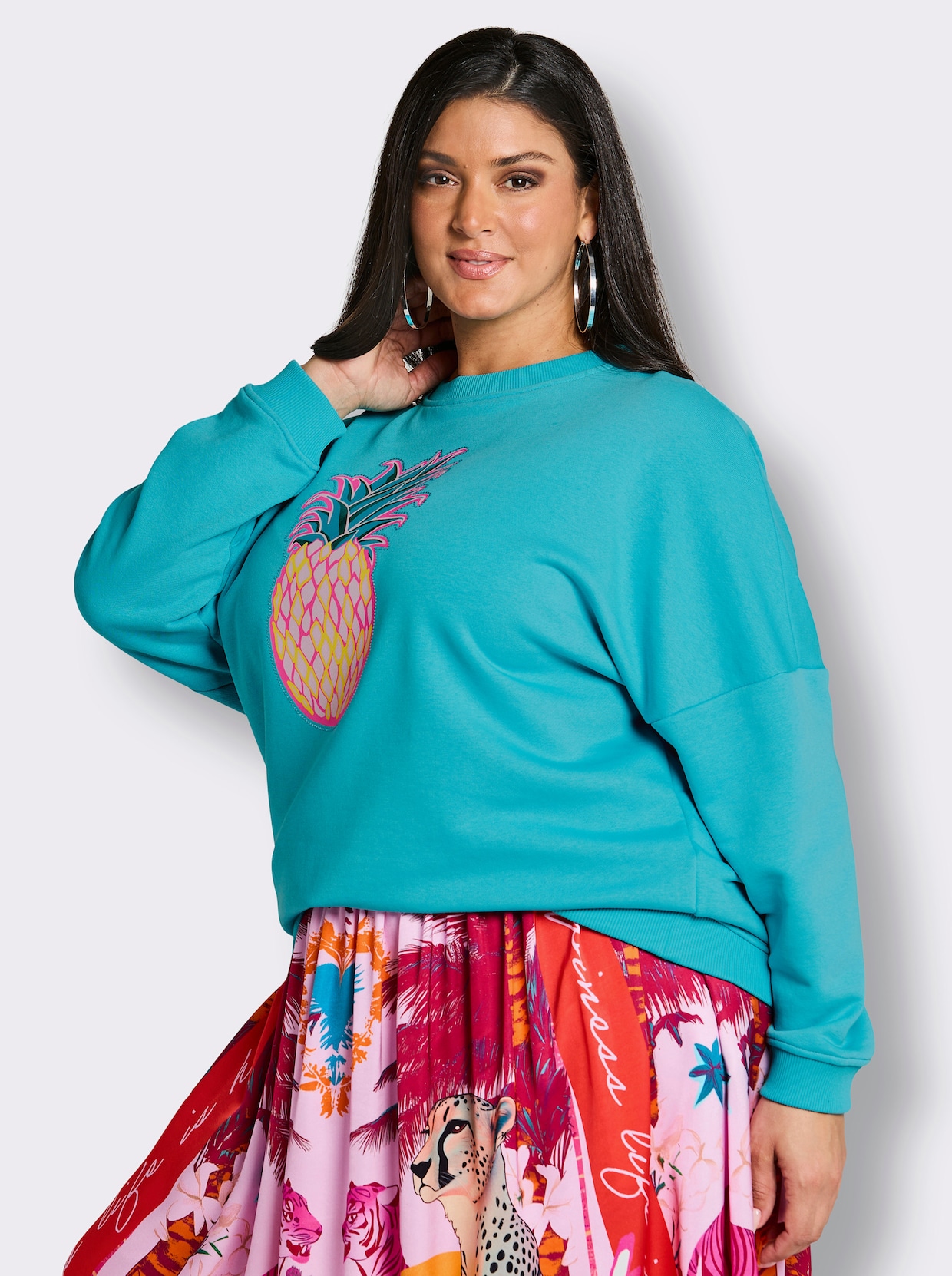 sheego loves miss goodlife Sweatshirt mit Frontprint - türkis-pink-bedruckt