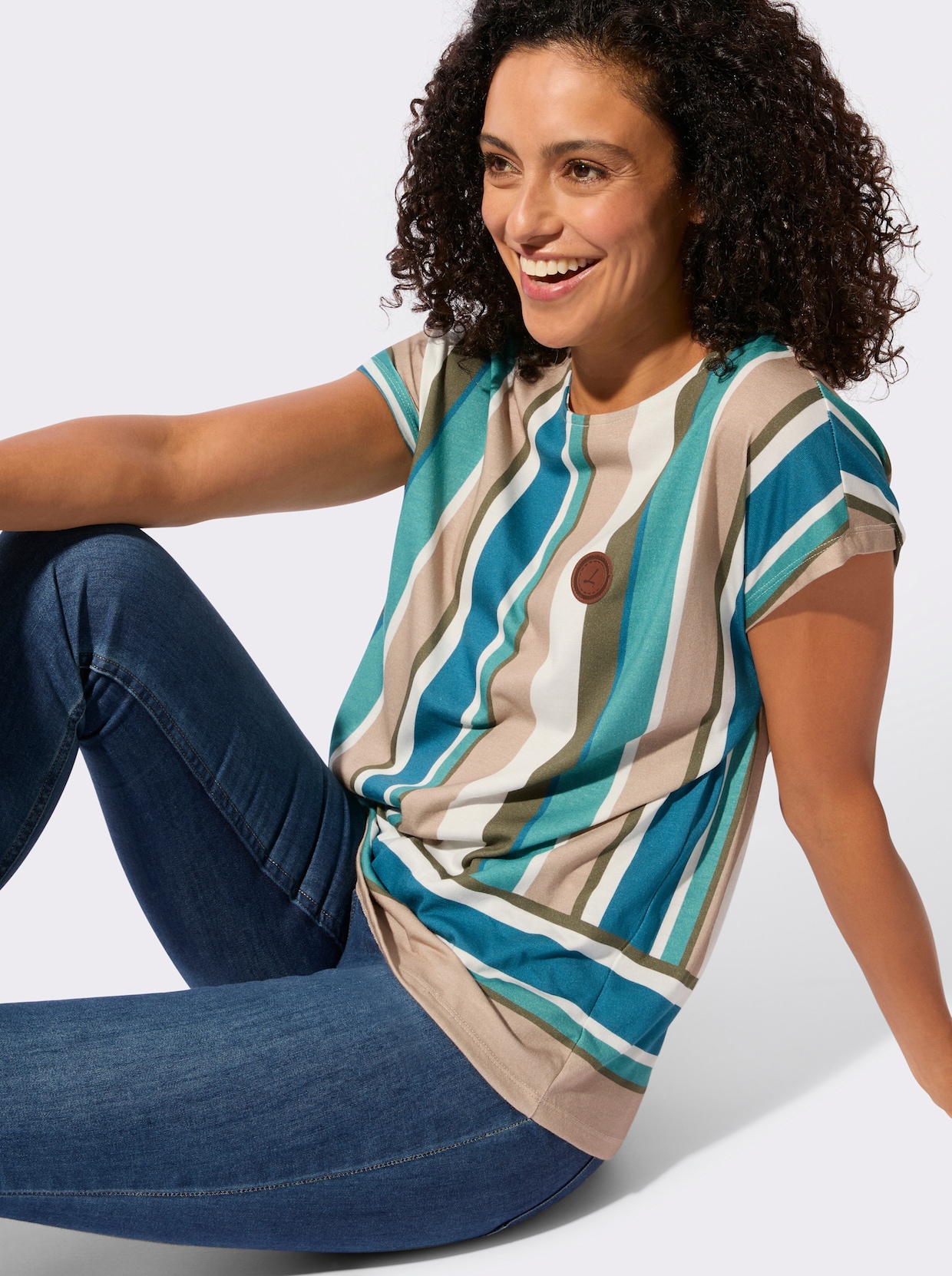 Rundhalsshirt - khaki-ozean-gestreift