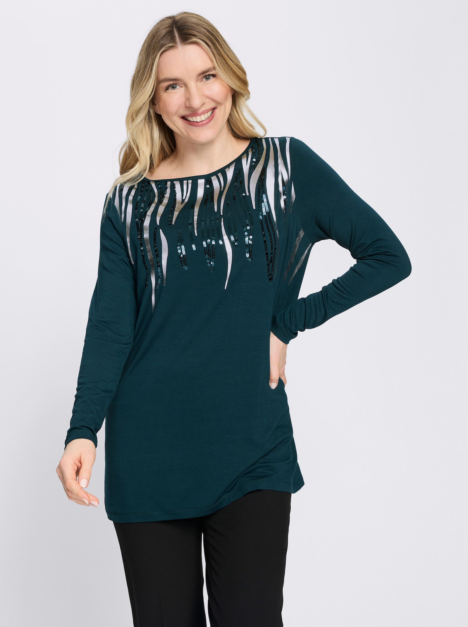 Longshirt mit Pailletten - petrol