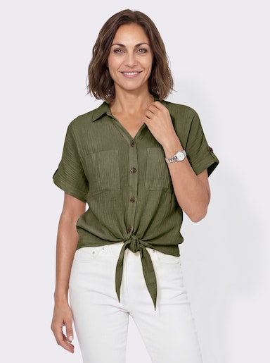Baumwollbluse mit zipfligem Saum zum Knoten - oliv