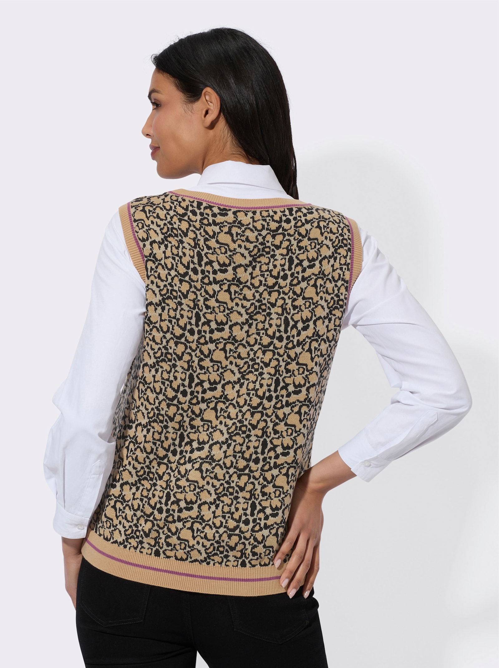 Slip-over met dierendessin - beige/zwart gedessineerd