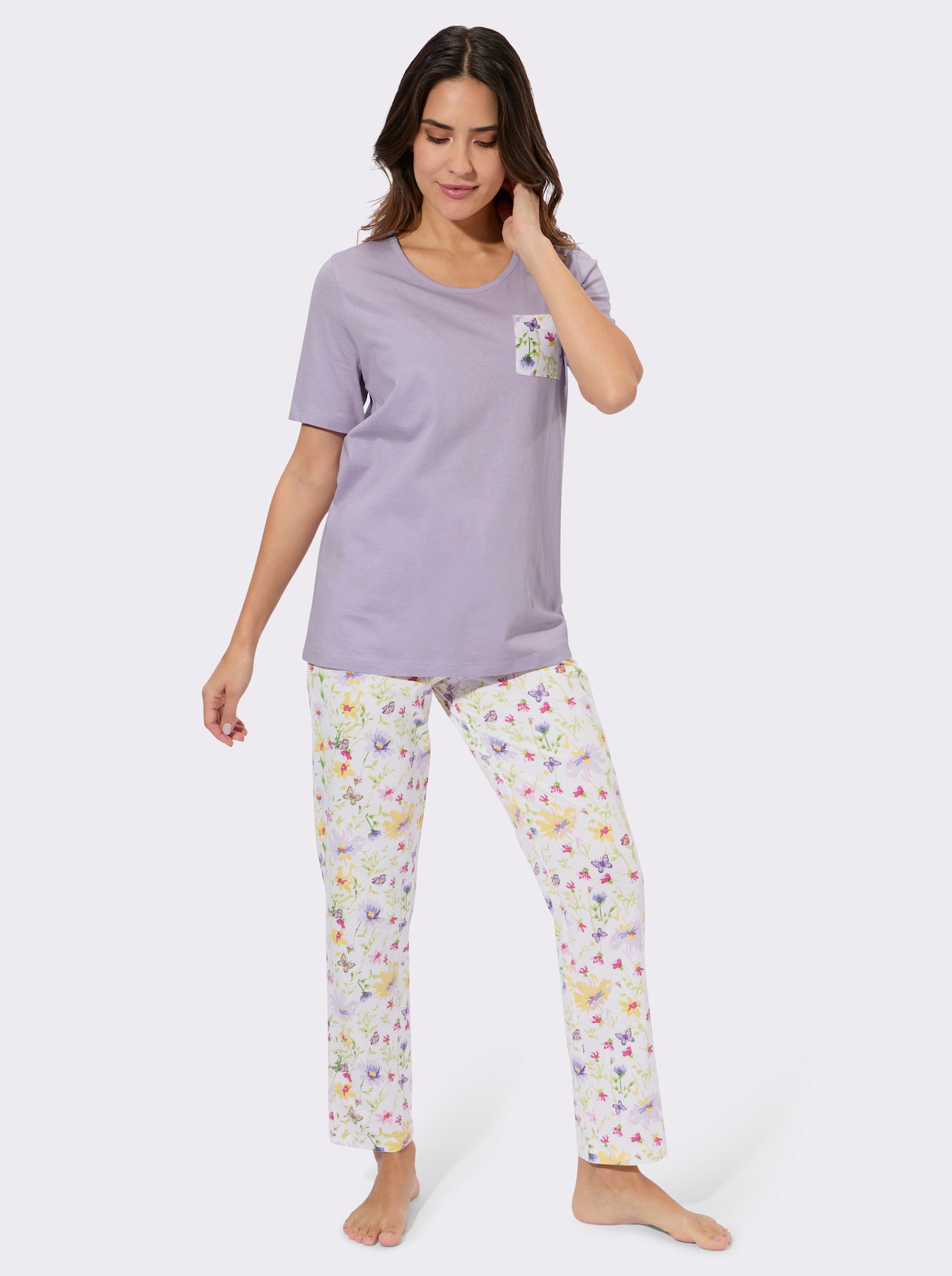 Pyjamas med fjärils- och blommönster - syren-ecru-med tryck