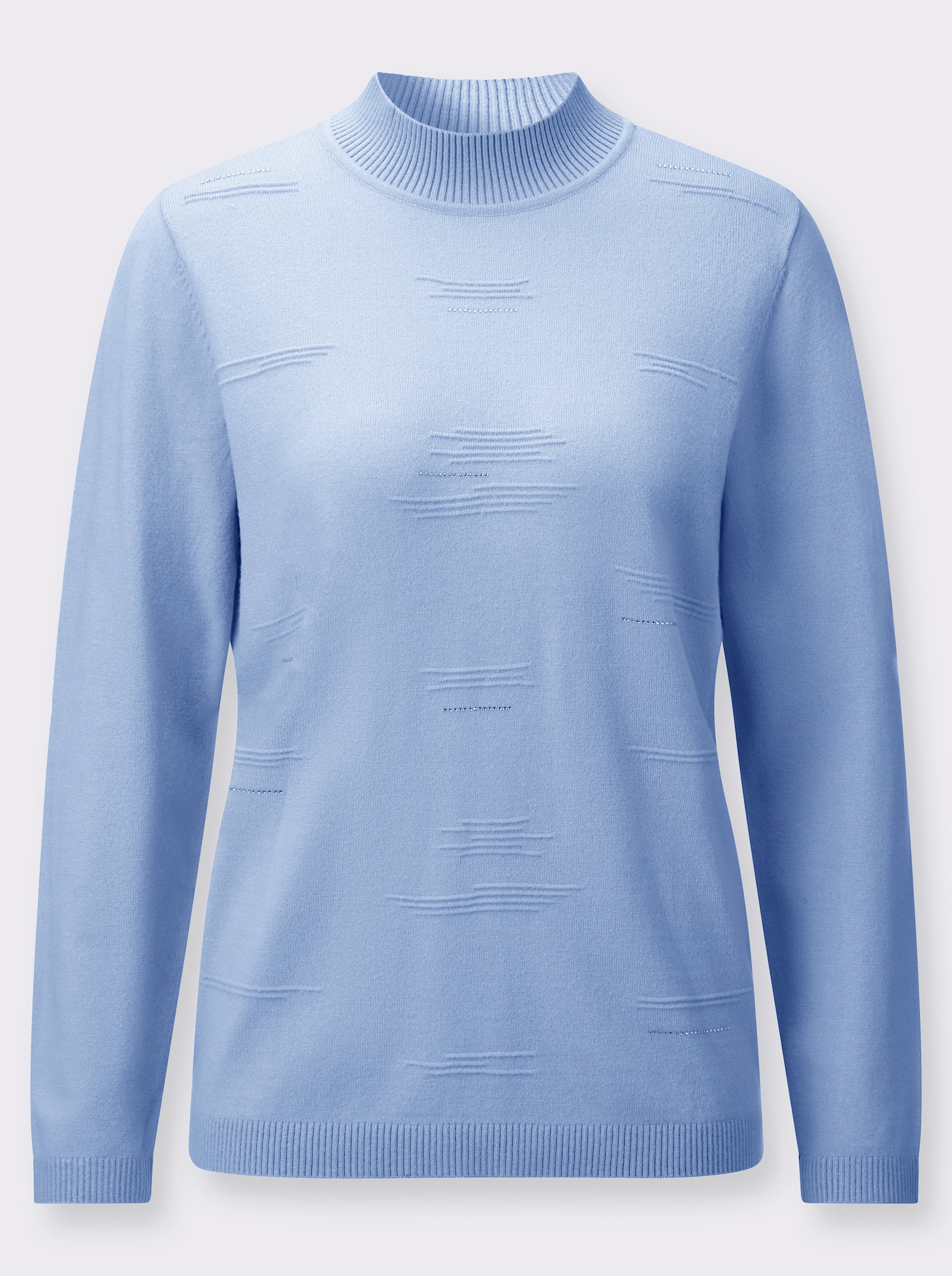 Stehkragenpullover mit Rippmuster und Glitzersteinchen - eisblau