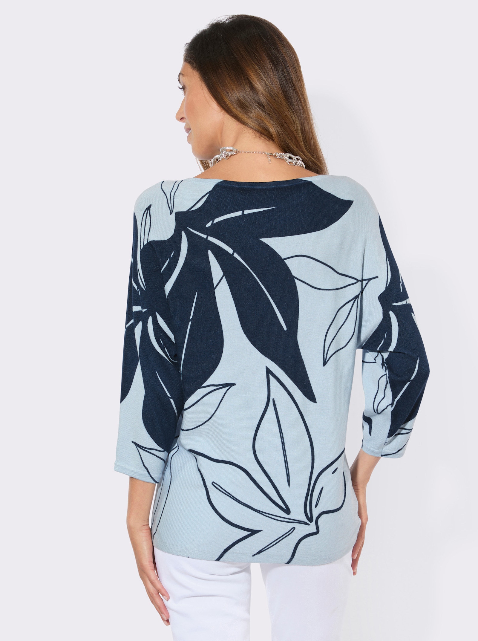 Feinstrickpullover mit Blütendruck - hellblau-dunkelblau-bedruckt