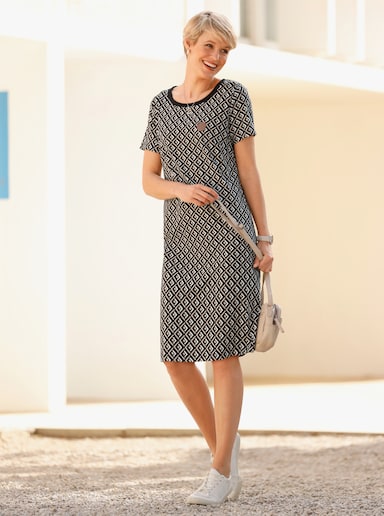 Jerseykleid mit Grafik-Dessin - beige-schwarz-bedruckt