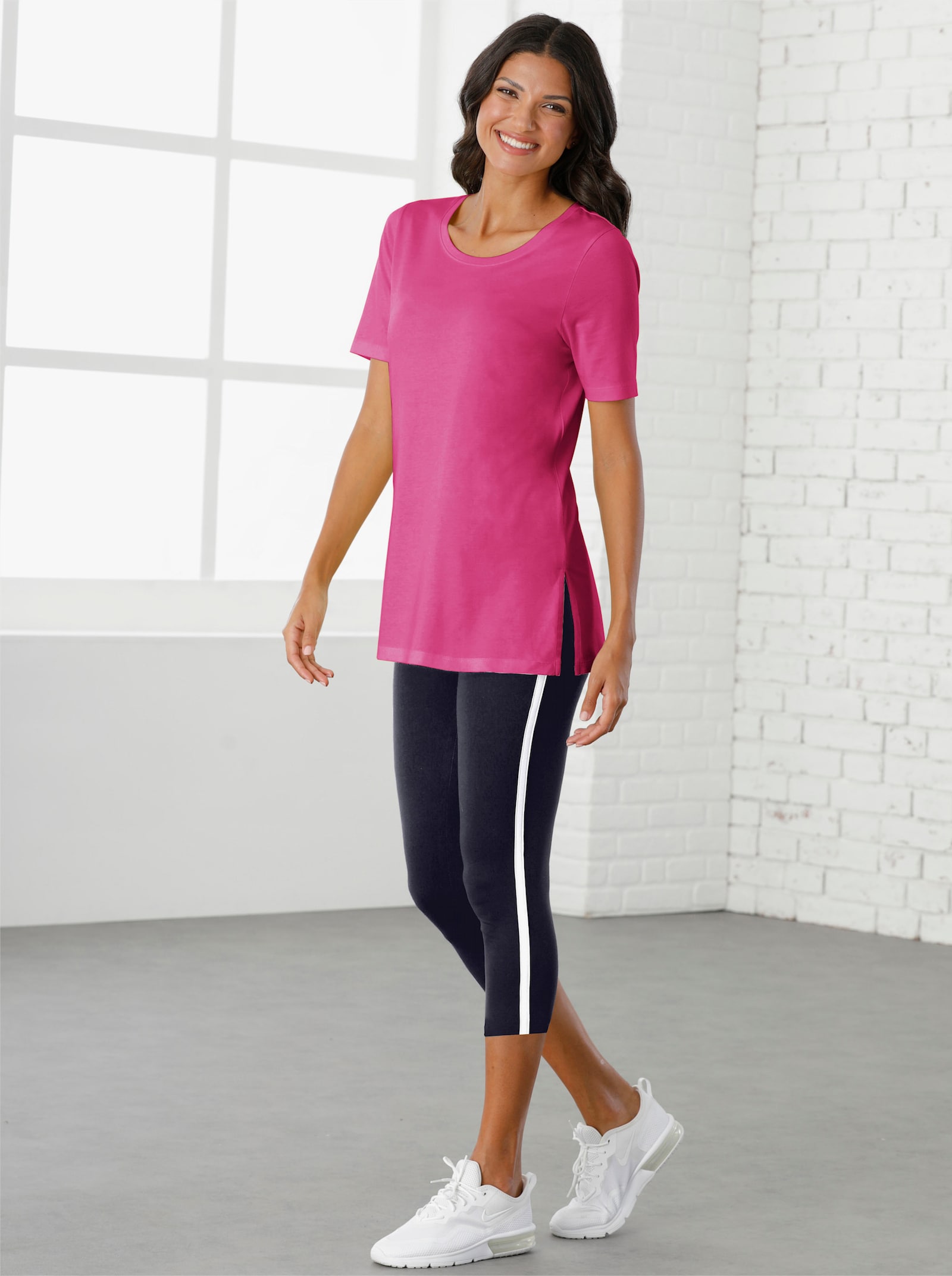 Lang shirt in mix van katoen en modal - fuchsia