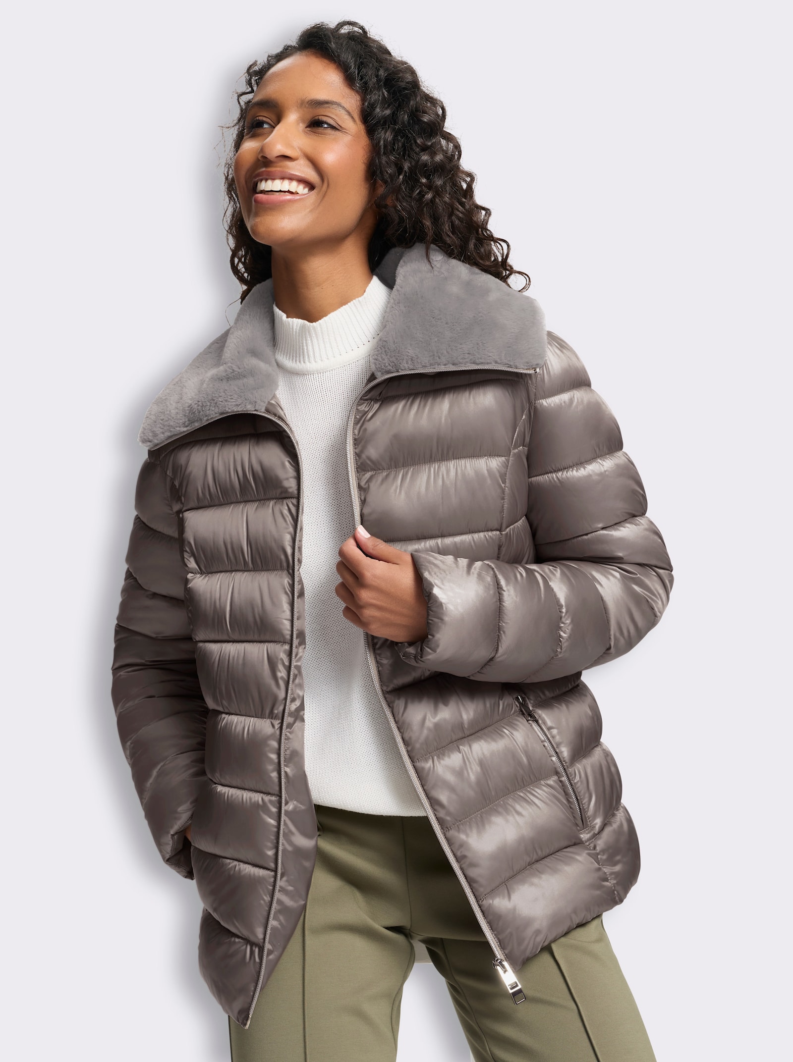 heine Steppjacke mit Fell-Imitat - taupe