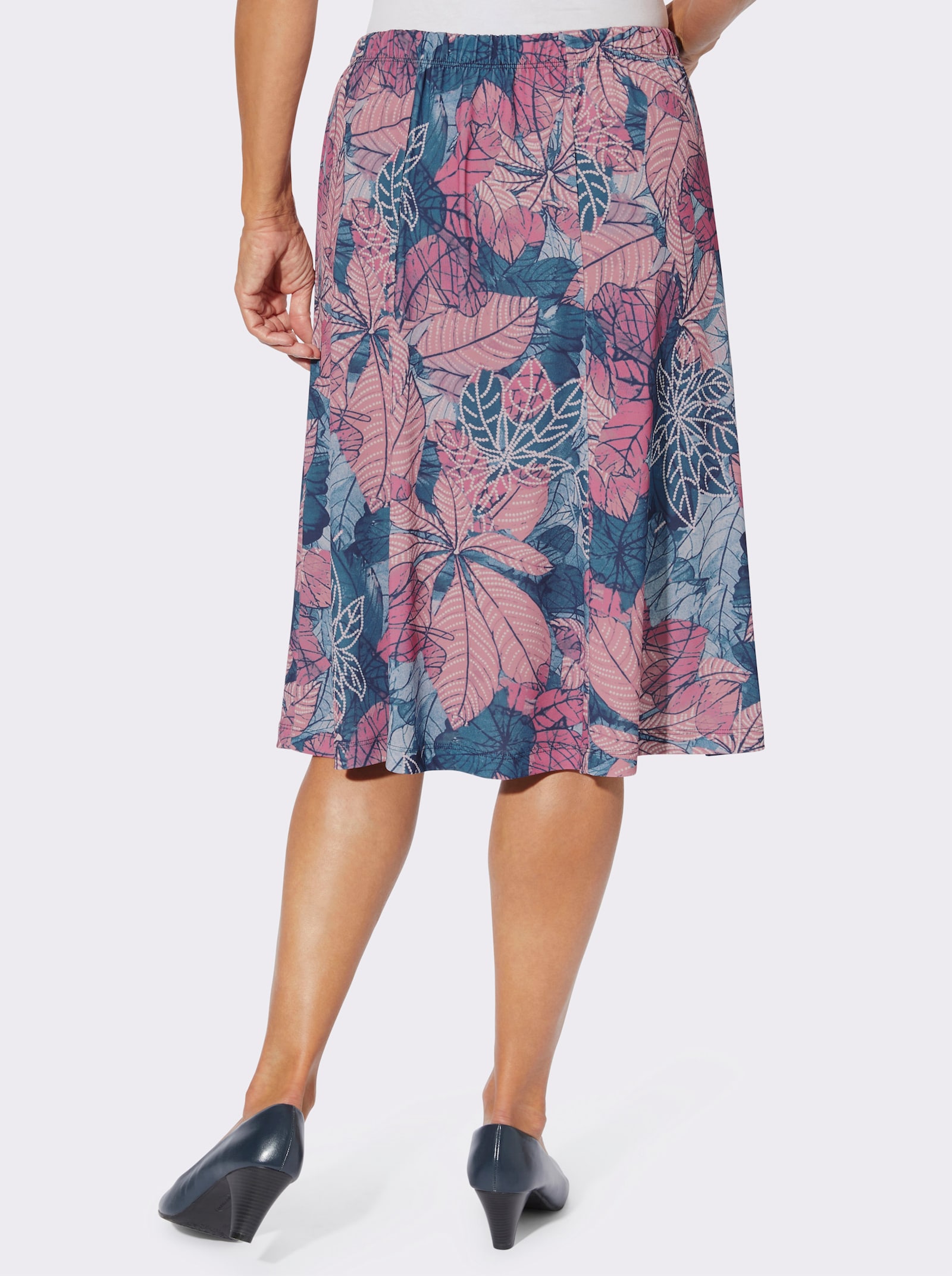 Jerseyrock in Bahnenform - jeansblau-altrosa-bedruckt