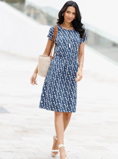 Jerseykleid mit Rundhals-Ausschnitt - dunkelblau-ecru-bedruckt