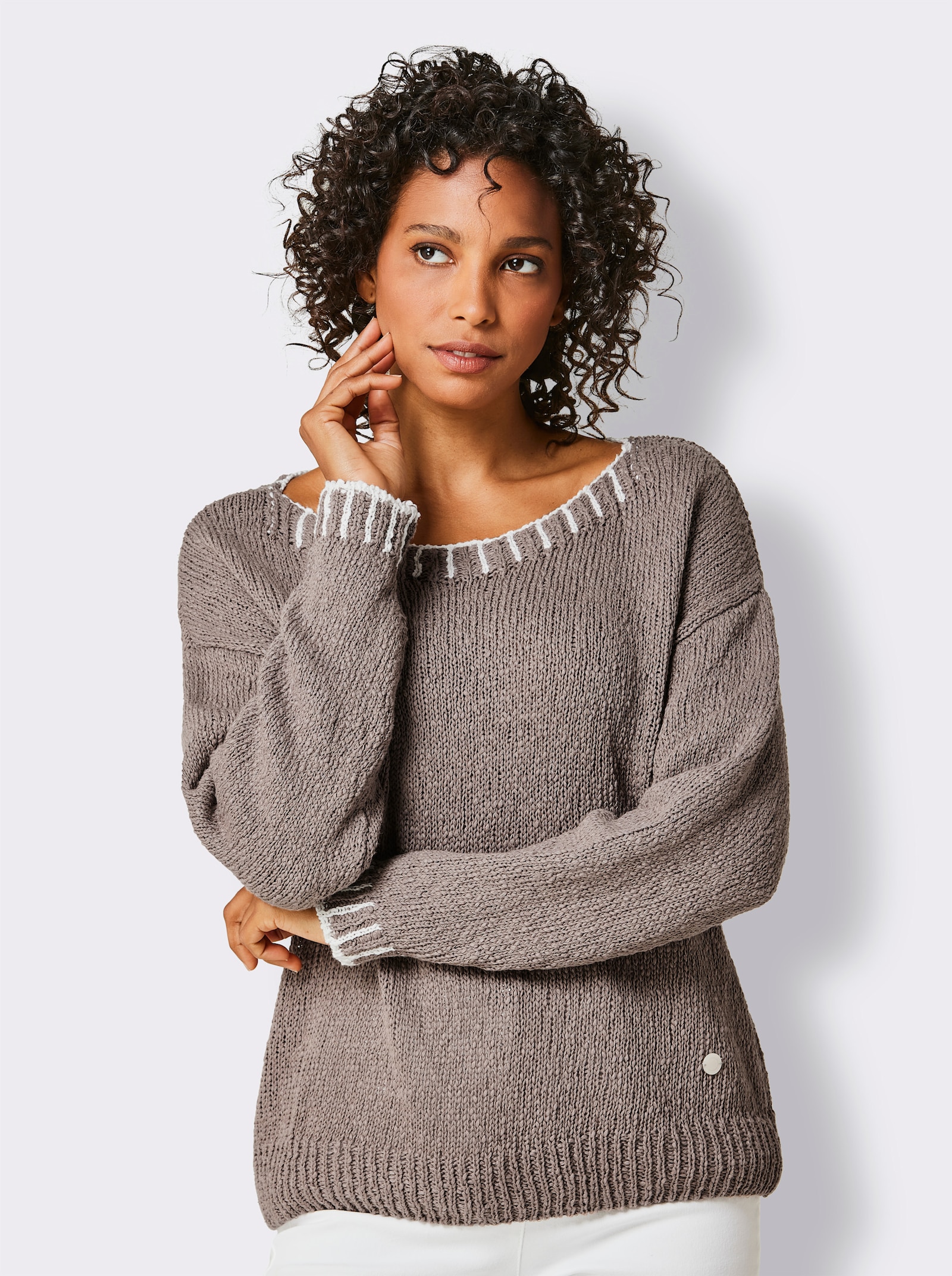 CREATION L PREMIUM Baumwollpullover in Grobstrick-Qualität - taupe