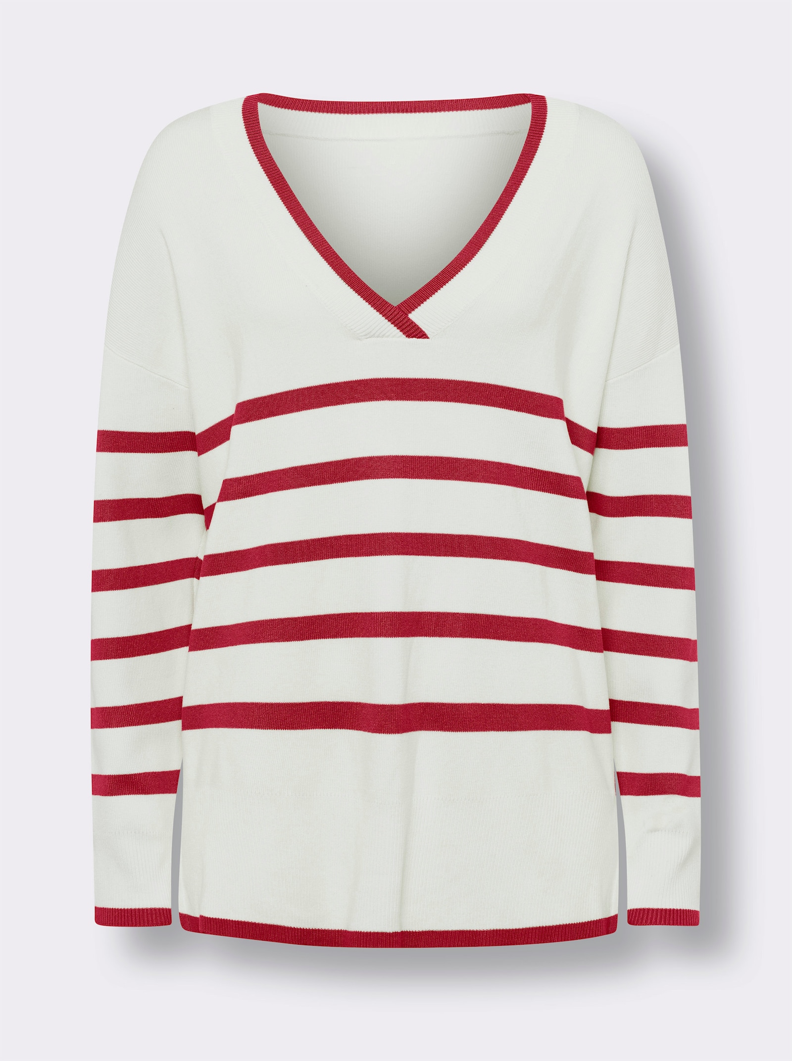 heine Streifenpullover mit V-Ausschnitt - rot-ecru-geringelt