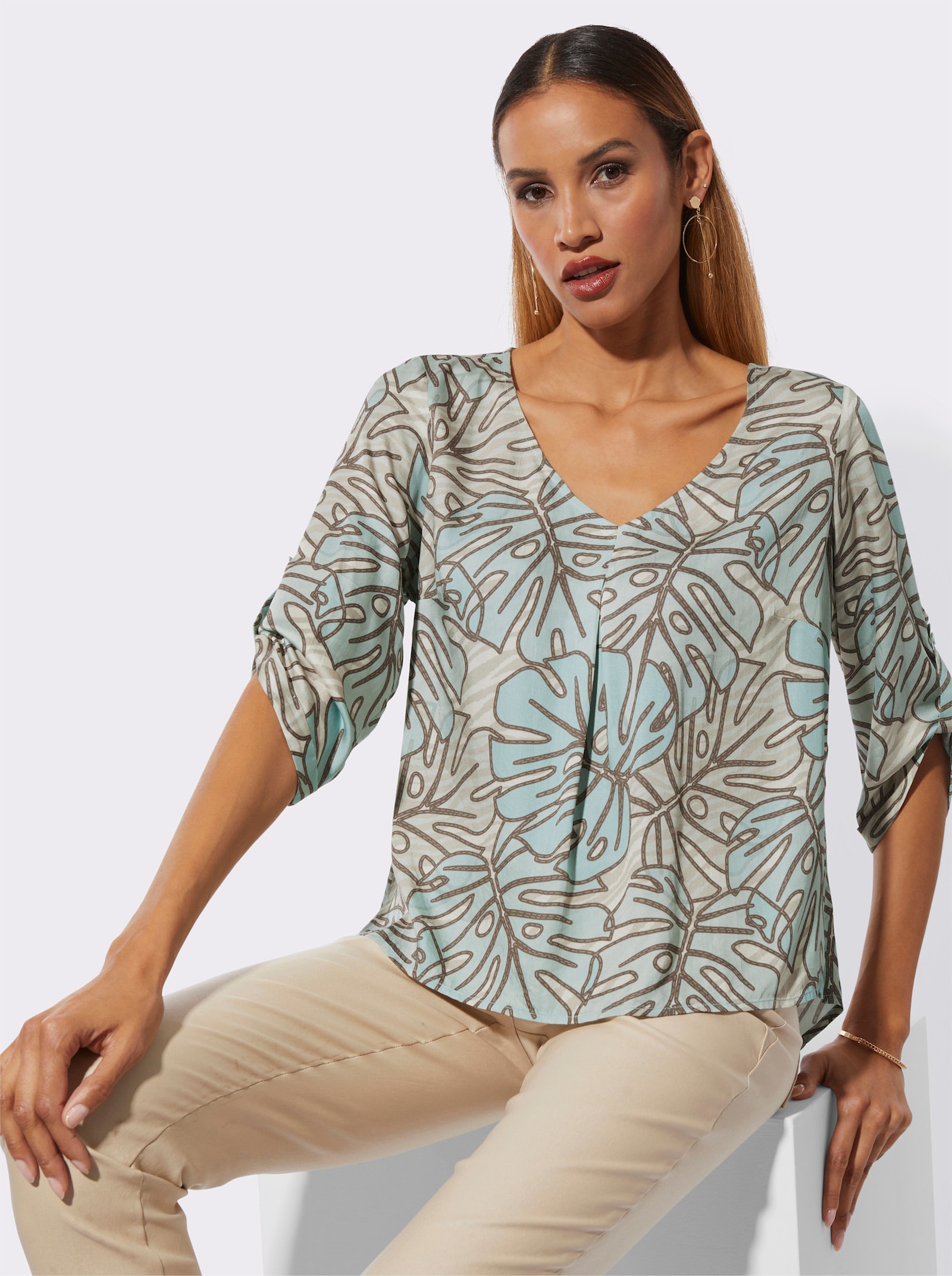 Druckbluse in Koffer-Qualität - kalkmint-champagner-bedruckt