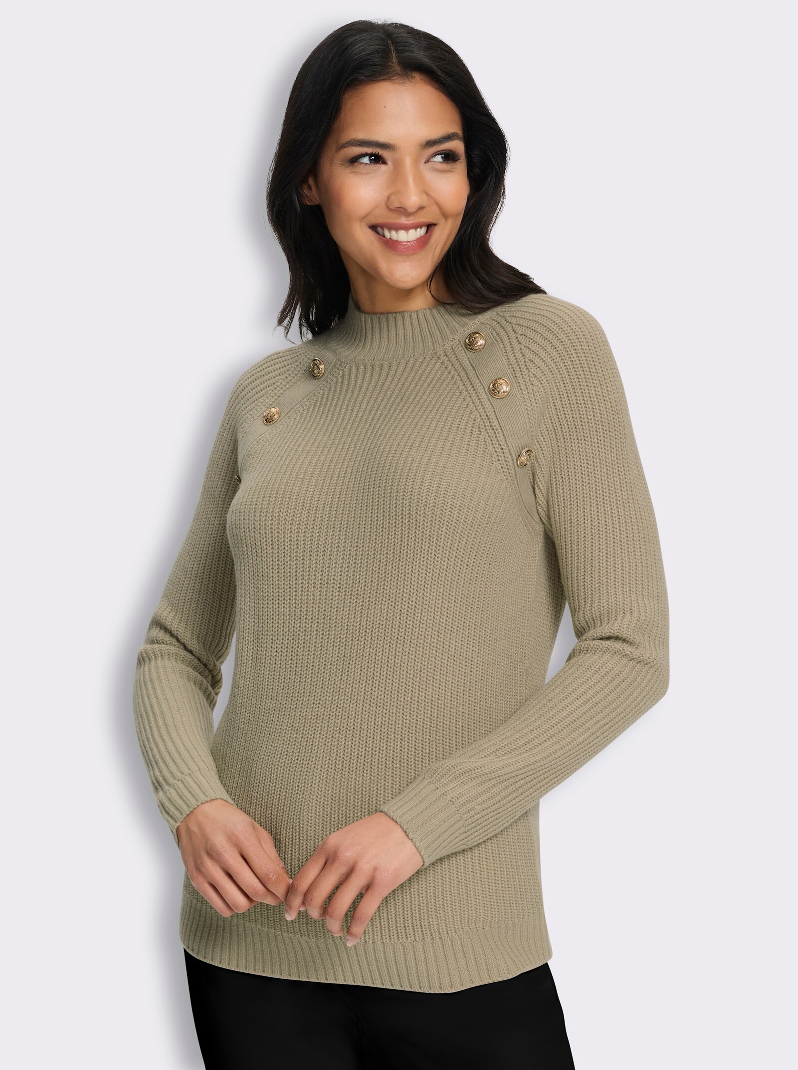 Stehkragenpullover mit Zierknöpfen - sesam