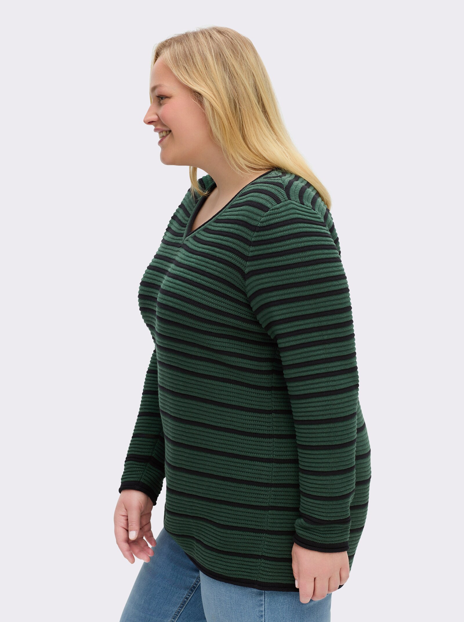 sheego Streifenpullover mit Rollkanten - moos-schwarz-geringelt