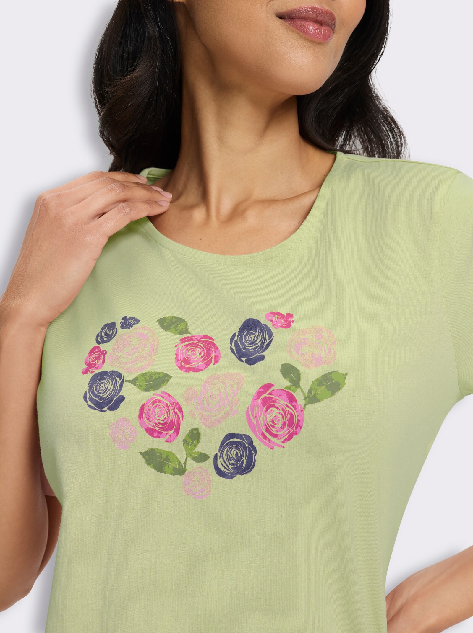 Kurzarmshirt mit Herz-Motiv aus Blüten - pistazie-fuchsia