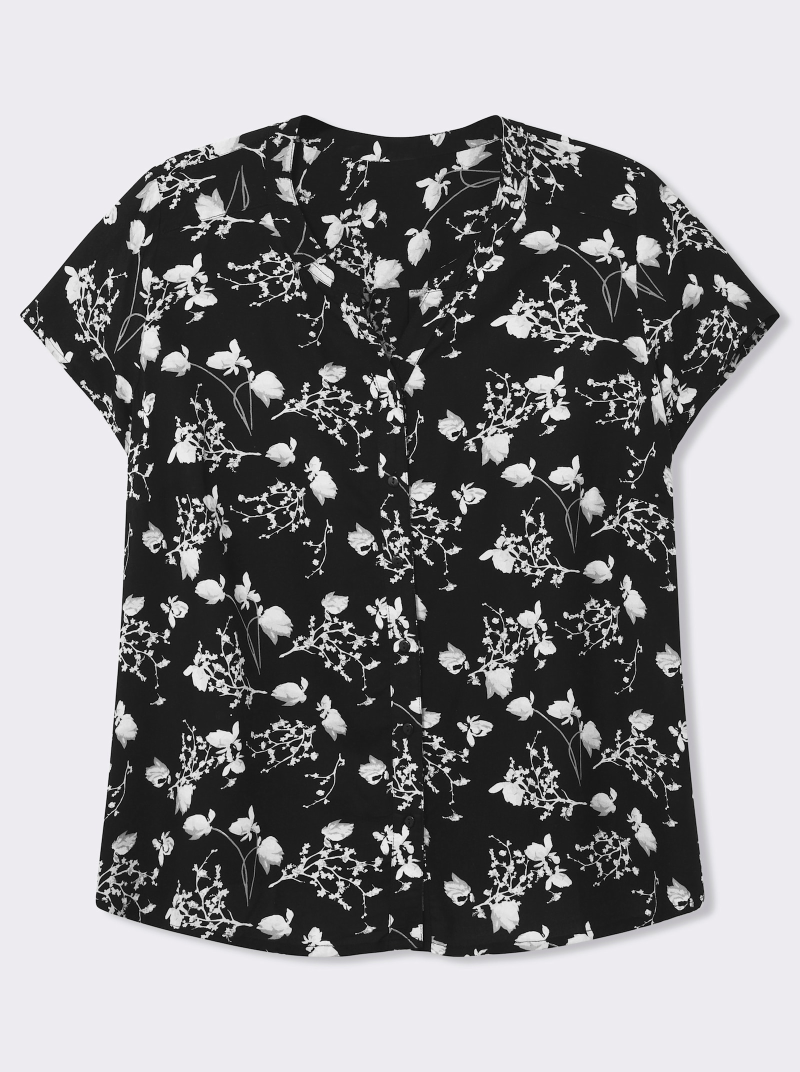 Kurzarm-Bluse mit floralem Druck - schwarz-weiß-gemustert