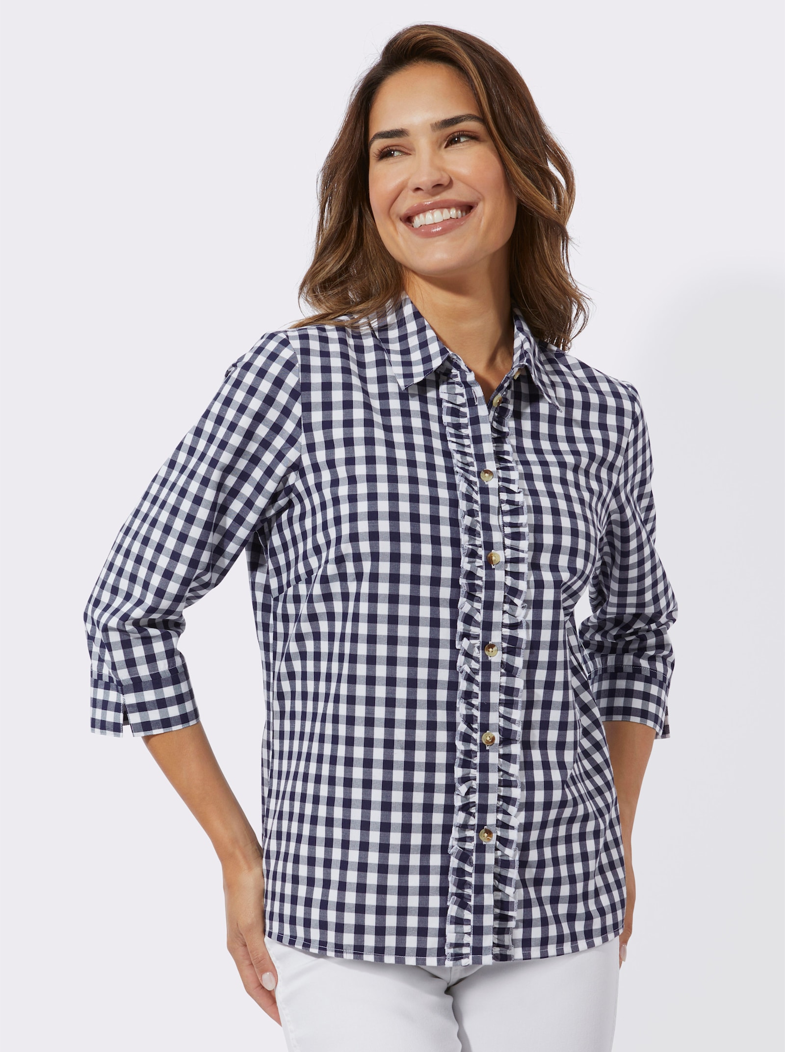 Blus med rysch - marin-vit, rutig