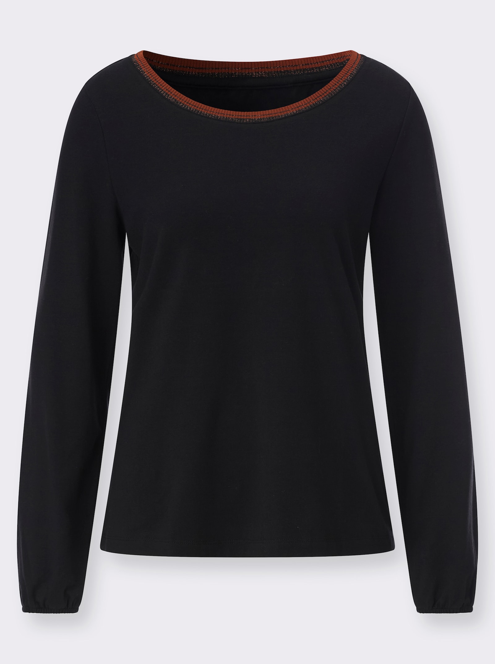 Langarmshirt mit Zierband am Ausschnitt - schwarz