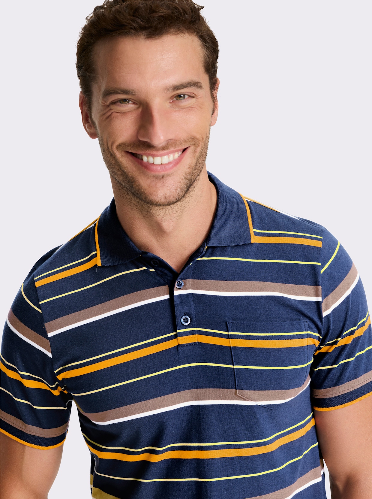 Marco Donati Kurzarmshirt - dunkelblau-ocker-gestreift